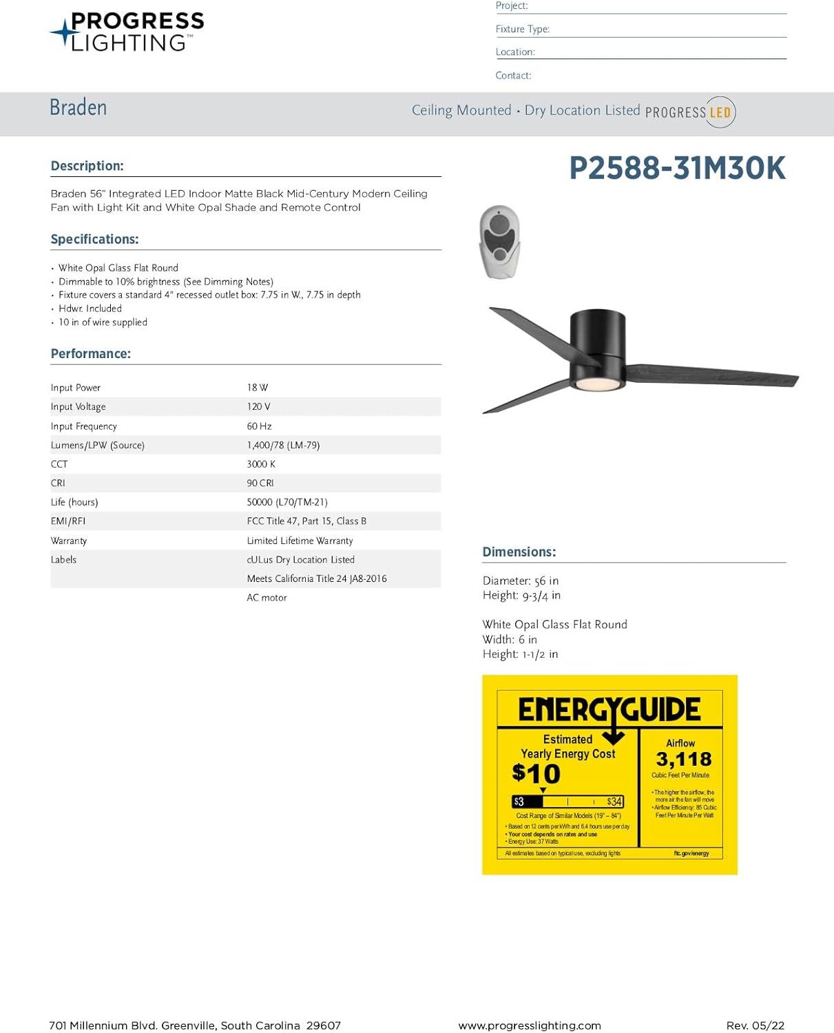 image:imageProgress Lighting P25882830K Braden MidCentury Modern Integrated LED Indoor Ceiling Fan Satin White with Light Kit and White Opal ShadeMatte Black