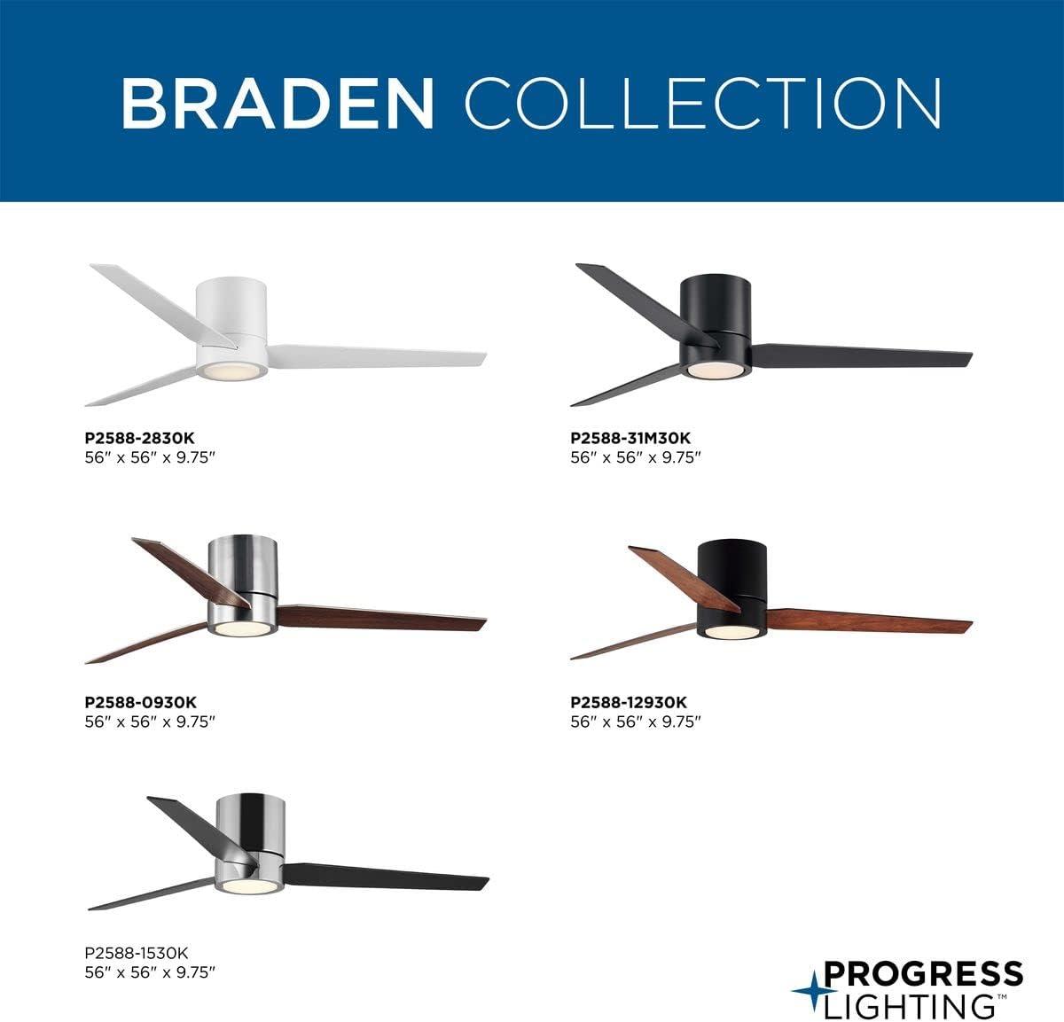 image:imageProgress Lighting P25882830K Braden MidCentury Modern Integrated LED Indoor Ceiling Fan Satin White with Light Kit and White Opal ShadeSatin White