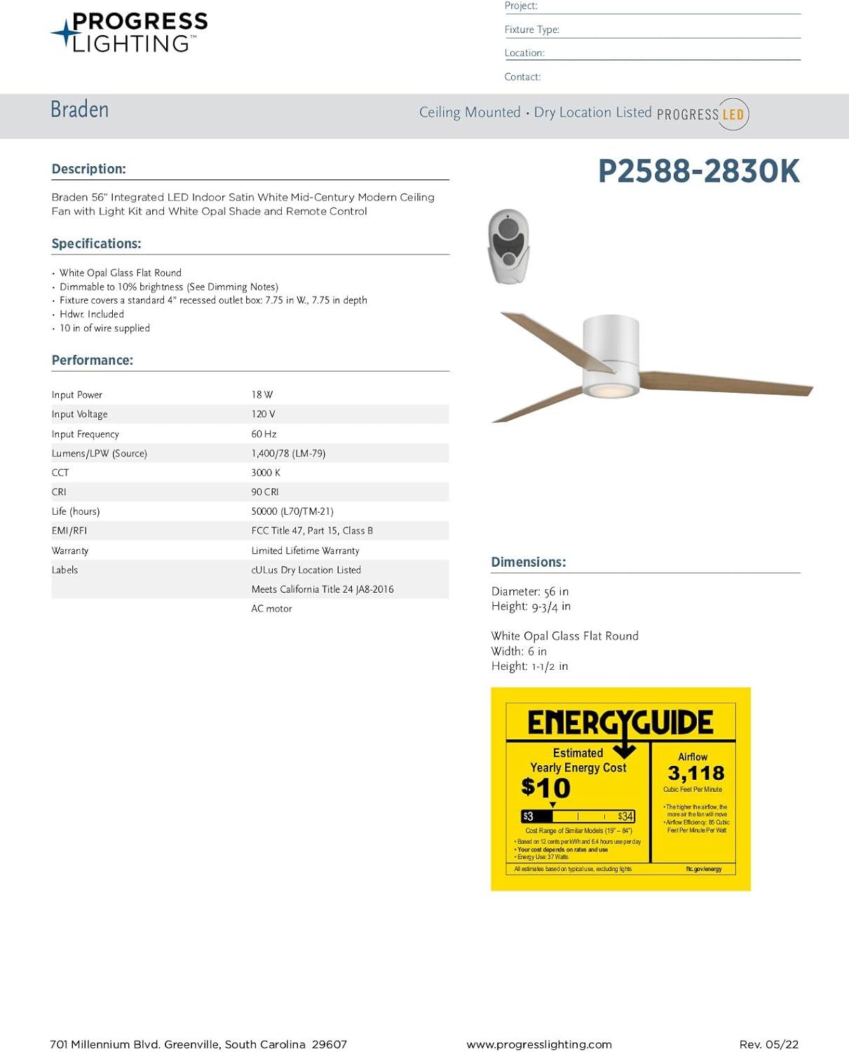 image:imageProgress Lighting P25882830K Braden MidCentury Modern Integrated LED Indoor Ceiling Fan Satin White with Light Kit and White Opal ShadeSatin White