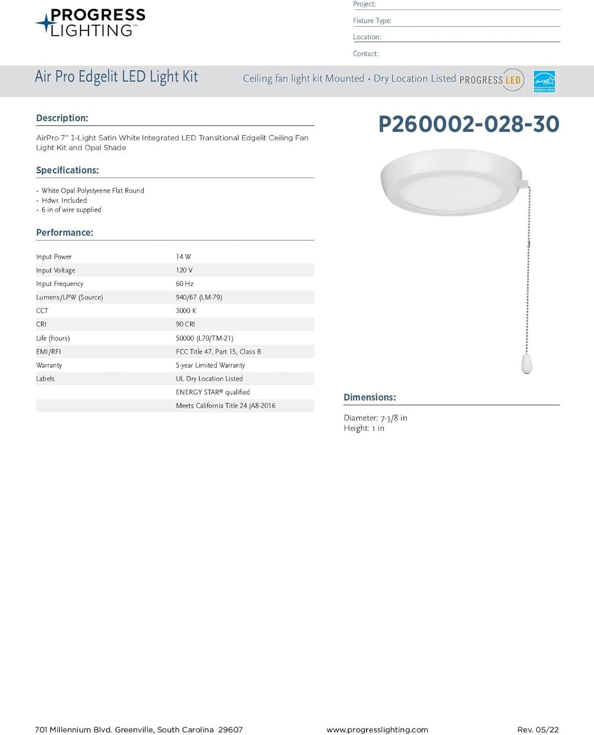 image:imageProgress Lighting P26000202830 AirPro 1Light Transitional Integrated LED Edgelit Ceiling Fan Light Kit Satin White with Opal Shade