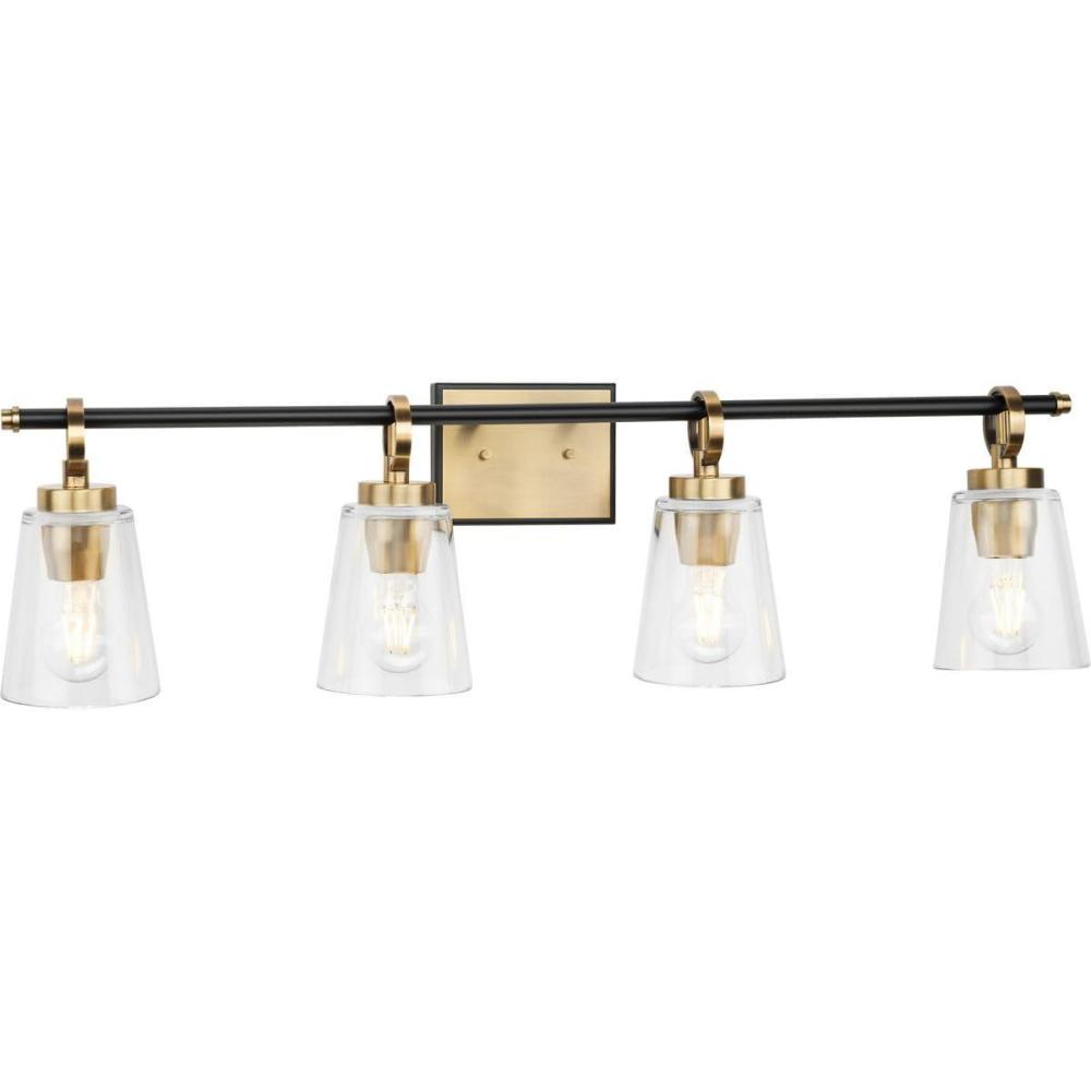 image:imageProgress Lighting Cassell 3387 in 4Light Vintage Brass and Matte Black Vanity Light with Clear Glass Shades for Bathroom
