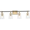 Progress Lighting Cassell 33.87 in. 4-Light Vintage Brass and Matte Black Vanity Light with Clear Glass Shades for Bathroom