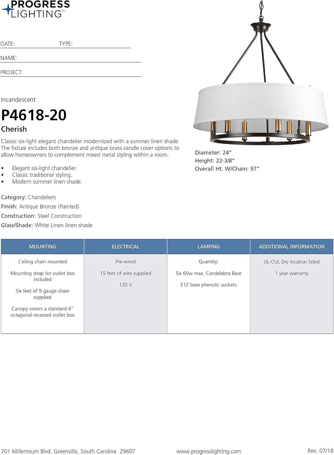 image:imageCherish Collection 6Light White Linen Shade Coastal Chandelier Light Antique BronzeBronze