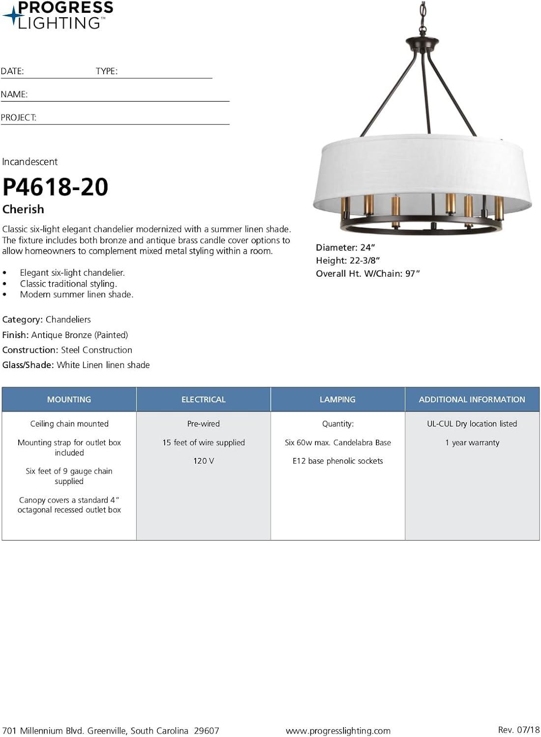 image:imageCherish Collection 6Light White Linen Shade Coastal Chandelier Light Antique BronzeBronze