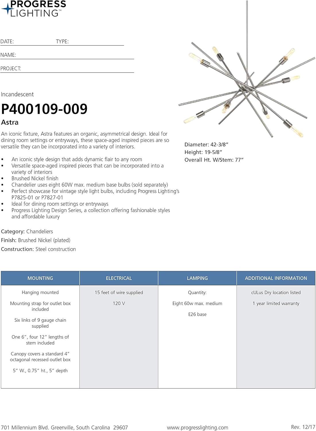 image:imageProgress Lighting Astra Collection EightLight ChandelierBrushed Nickel