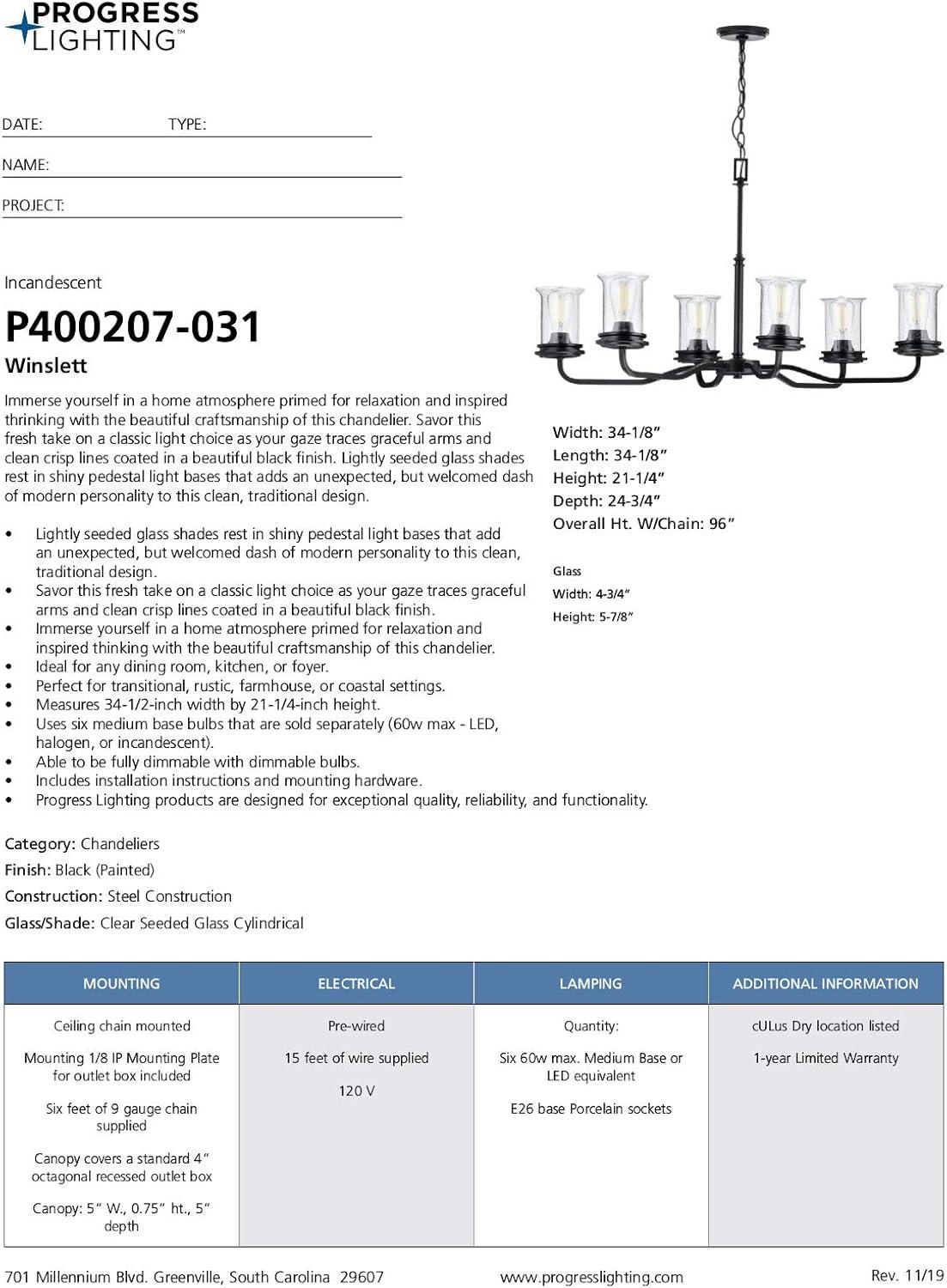 image:imageProgress Lighting Winslett Collection 6Light Clear Seeded Glass Coastal Chandelier Light Matte BlackBlack