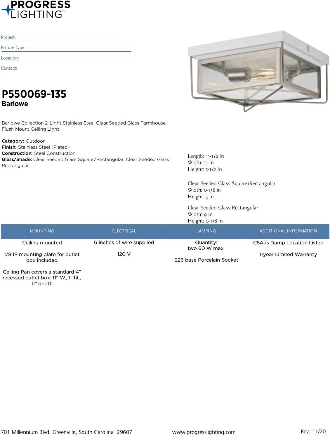 image:imageProgress Lighting Barlowe Collection 2Light Stainless Steel Clear Seeded Glass Farmhouse Outdoor Flush Mount Ceiling Light