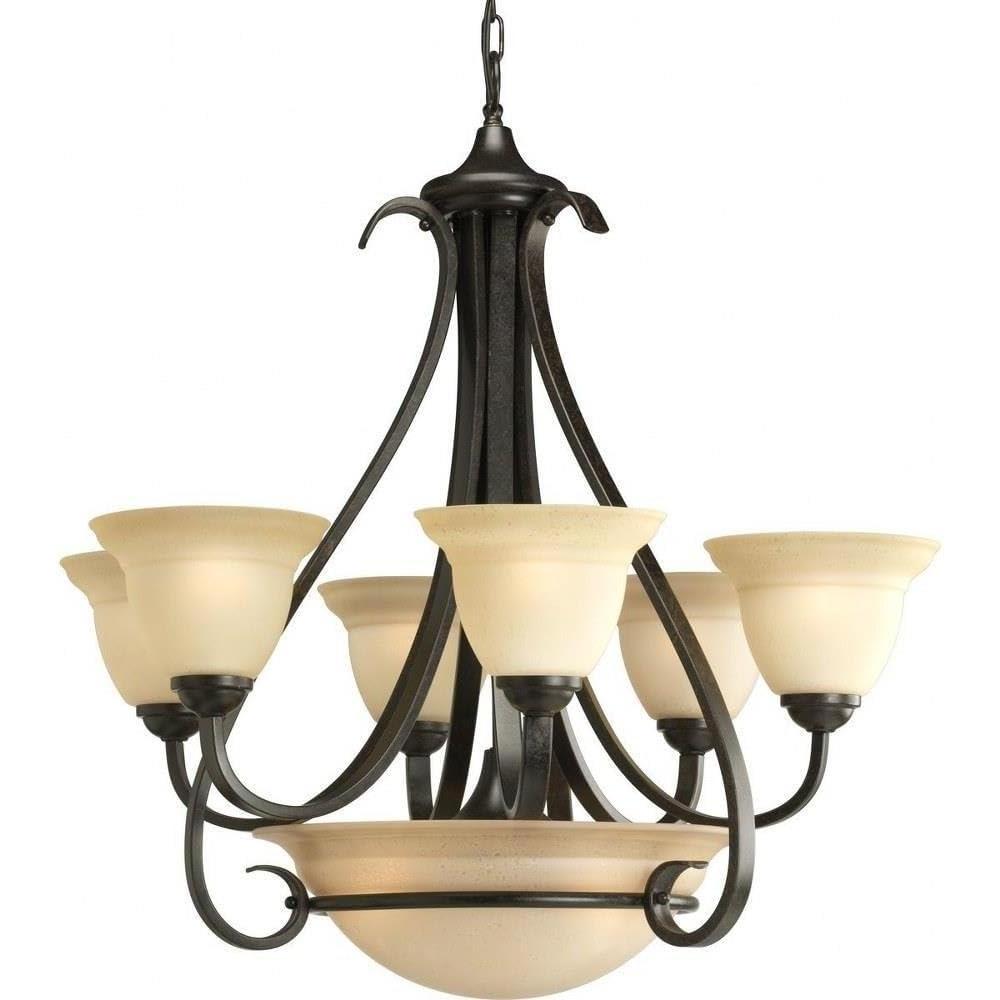image:imageProgress Lighting Torino 6Light Forged Bronze Chandelier with TeaStained Glass Shade