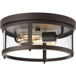 Progress Lighting Gunther Collection 2-Light Clear Glass Farmhouse Outdoor Flush Mount Light Antique Bronze, 5.75×12.63×12.63(Bronze)