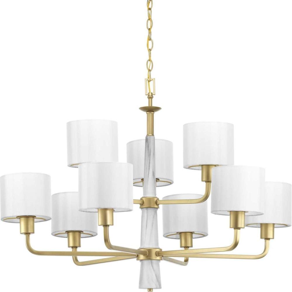 image:imageProgress Lighting Palacio Collection 9Light White Silk Fabric Shade Luxe Chandelier Light Vintage Gold