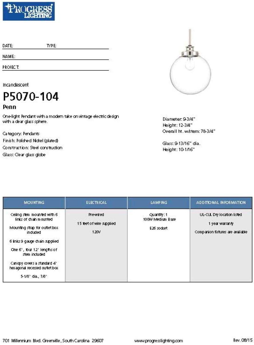 image:imageProgress Lighting 1Light Clear Glass Farmhouse Pendant Light Penn Collection Indoor P5070104 Polished NickelPolished Nickel