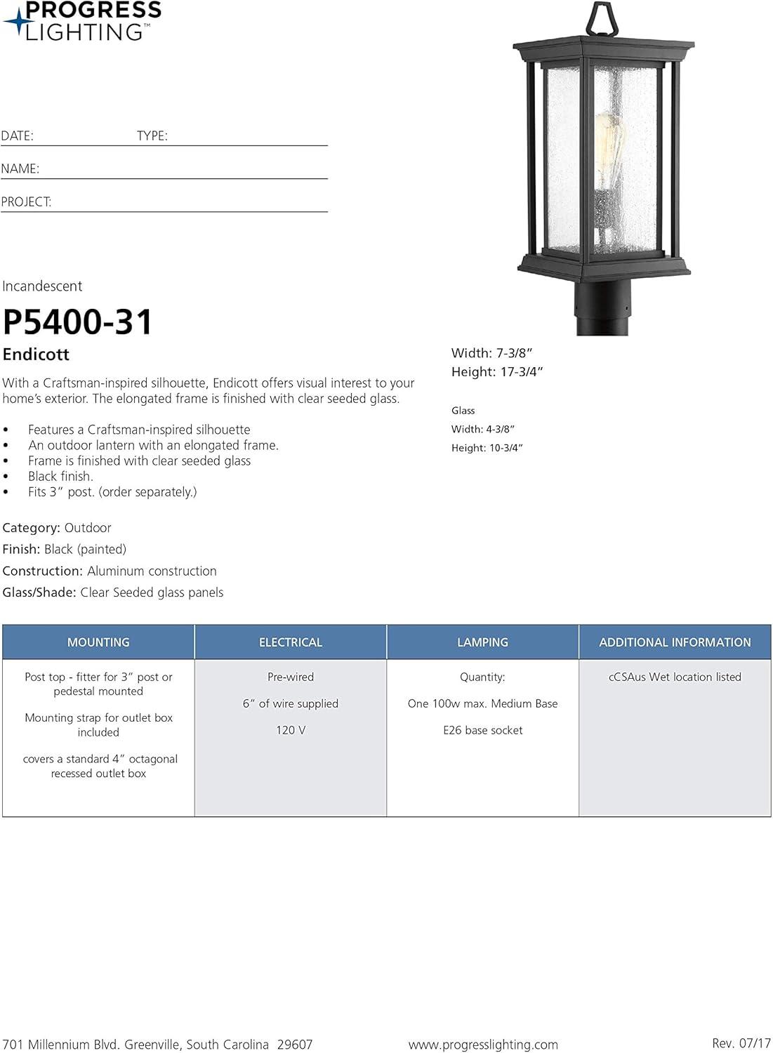 image:imageProgress Lighting 1Light Clear Seeded Glass Craftsman Outdoor Post Lantern Light Endicott Collection Outdoor P540031 Textured BlackBlack