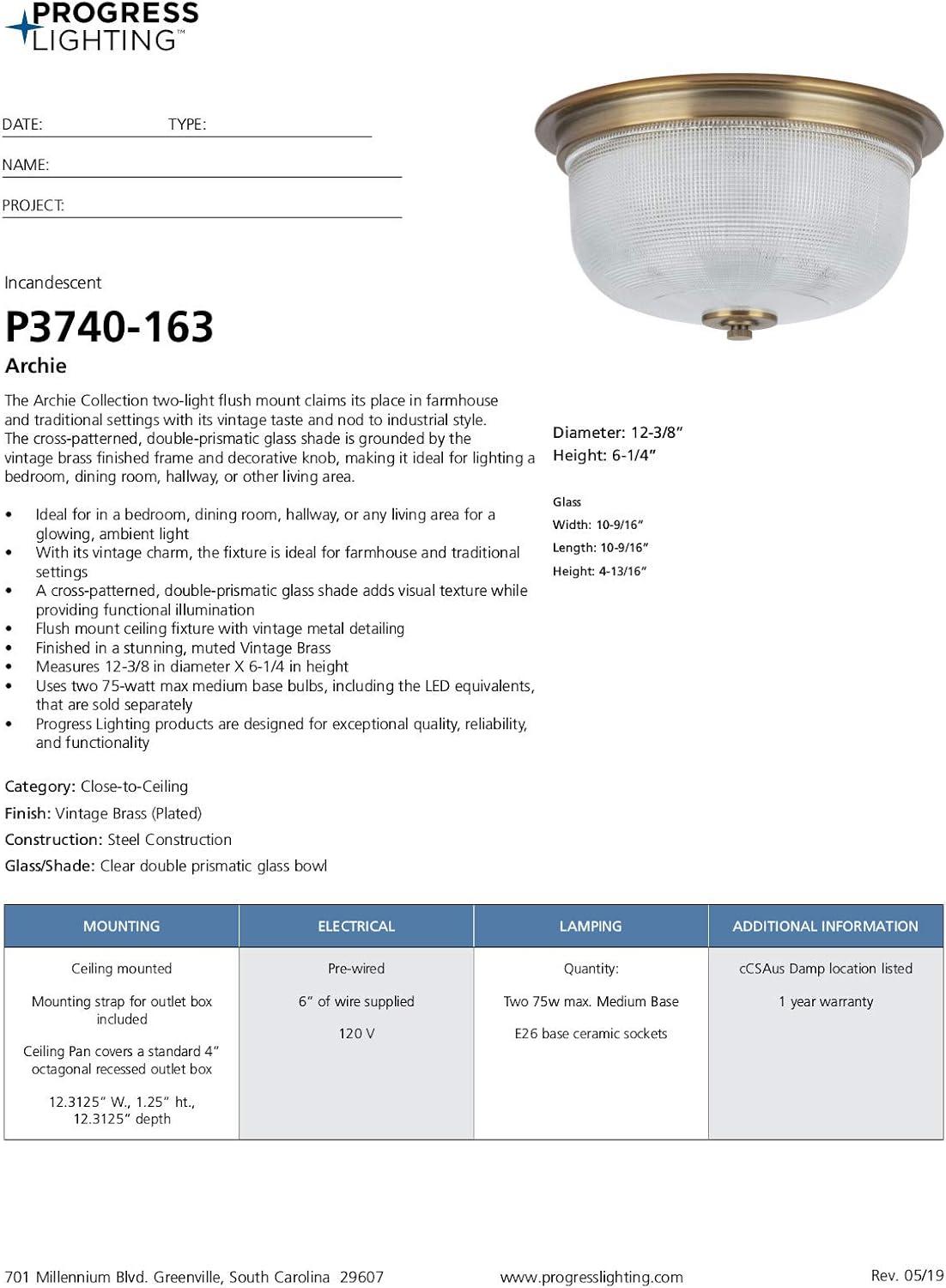 image:imageProgress Lighting 2Light 1238 ClosetoCeiling Archie Collection Indoor P3740163 Vintage BrassBrass