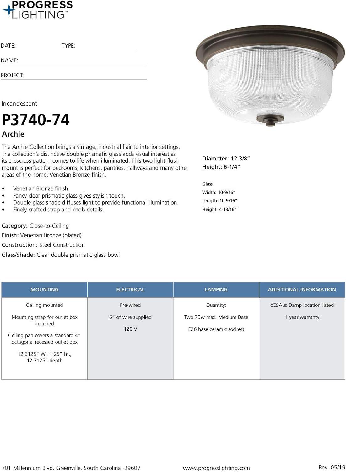 image:imageProgress Lighting 2Light 1238 ClosetoCeiling Archie Collection Indoor P3740163 Vintage BrassBronze