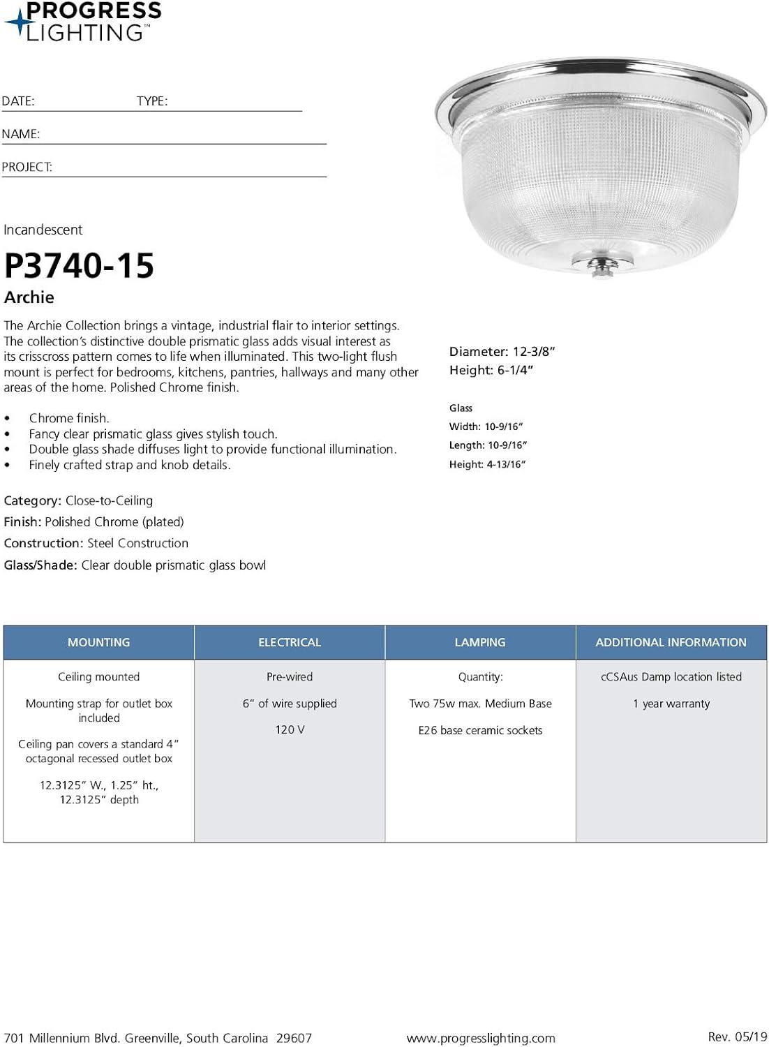 image:imageProgress Lighting 2Light 1238 ClosetoCeiling Archie Collection Indoor P3740163 Vintage BrassChrome