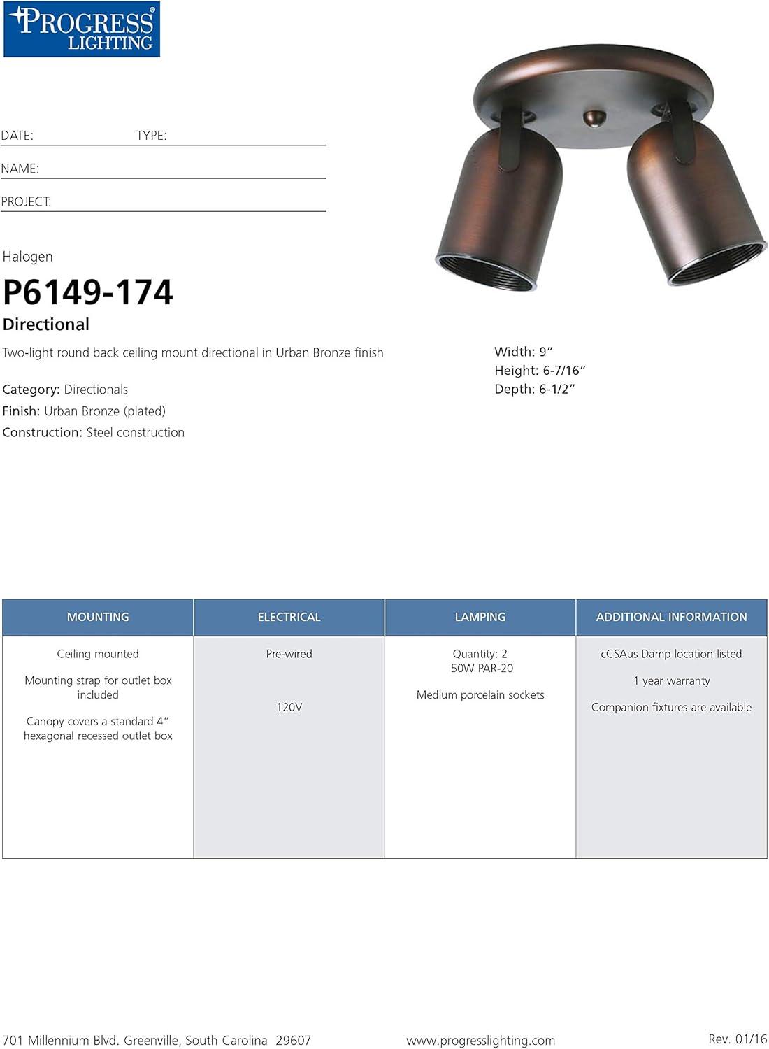 image:imageProgress Lighting 2Light Indoor Ceiling Light and Wall Sconce Roundback Track Lighting and Spotlight 2 Adjustable Track Heads 50W Halogen Flush Mount Ceiling Light Urban Bronze P6149174Bronze