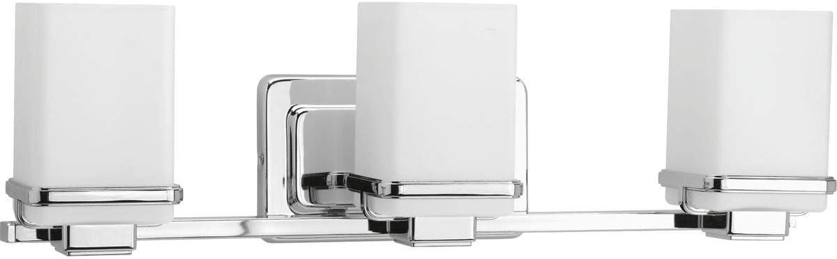 image:imageProgress Lighting 4 Light Bathroom Vanity Light Coastal Style Modern Bath Lighting Fixture with Etched White Glass Shade for Over the Mirror Reversible Mounting Metric Collection Brushed NickelPolished Chrome