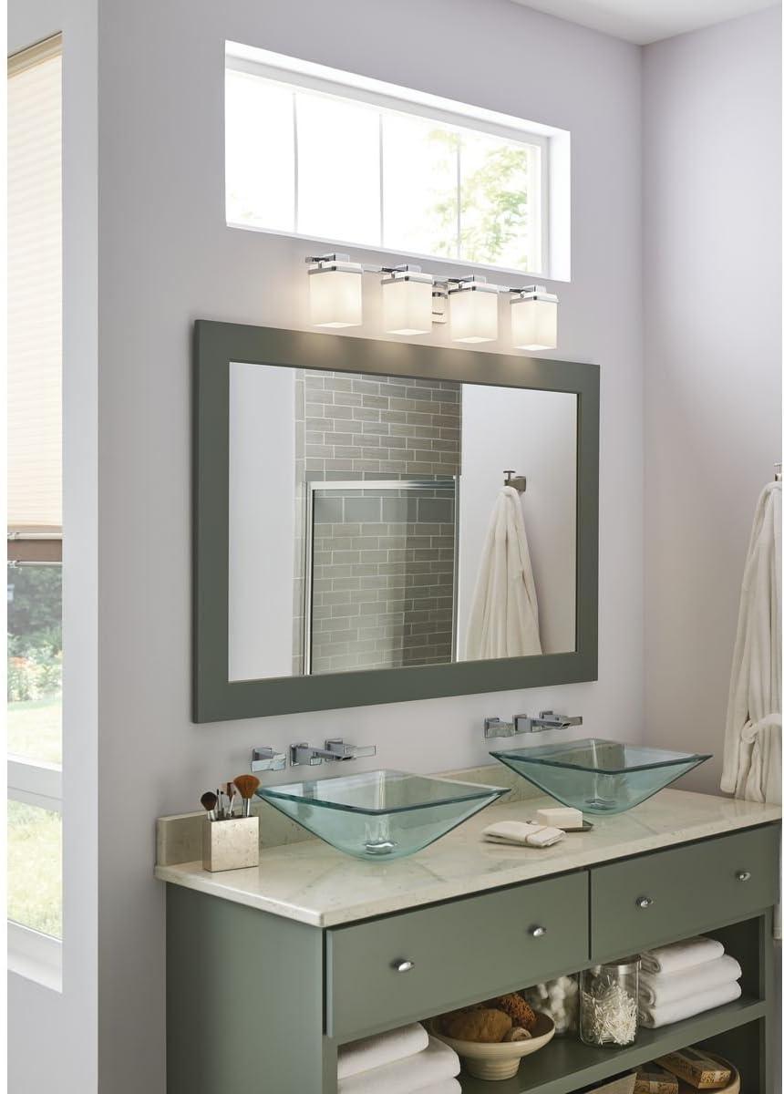 image:imageProgress Lighting 4 Light Bathroom Vanity Light Coastal Style Modern Bath Lighting Fixture with Etched White Glass Shade for Over the Mirror Reversible Mounting Metric Collection Brushed NickelPolished Chrome