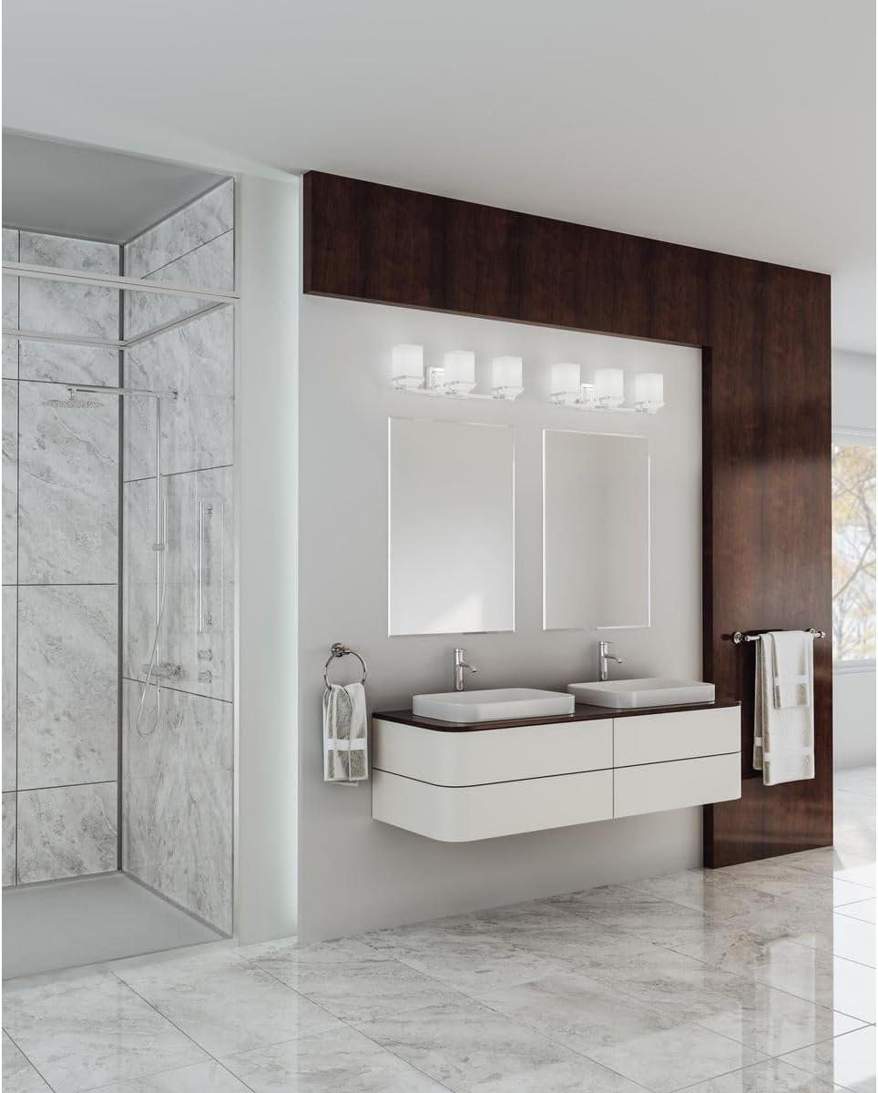 image:imageProgress Lighting 4 Light Bathroom Vanity Light Coastal Style Modern Bath Lighting Fixture with Etched White Glass Shade for Over the Mirror Reversible Mounting Metric Collection Brushed NickelPolished Chrome