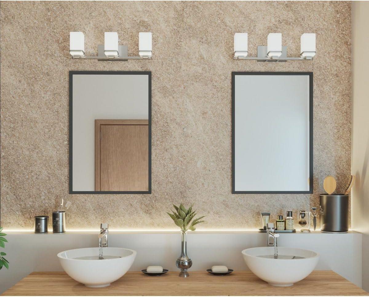 image:imageProgress Lighting 4 Light Bathroom Vanity Light Coastal Style Modern Bath Lighting Fixture with Etched White Glass Shade for Over the Mirror Reversible Mounting Metric Collection Brushed NickelPolished Chrome