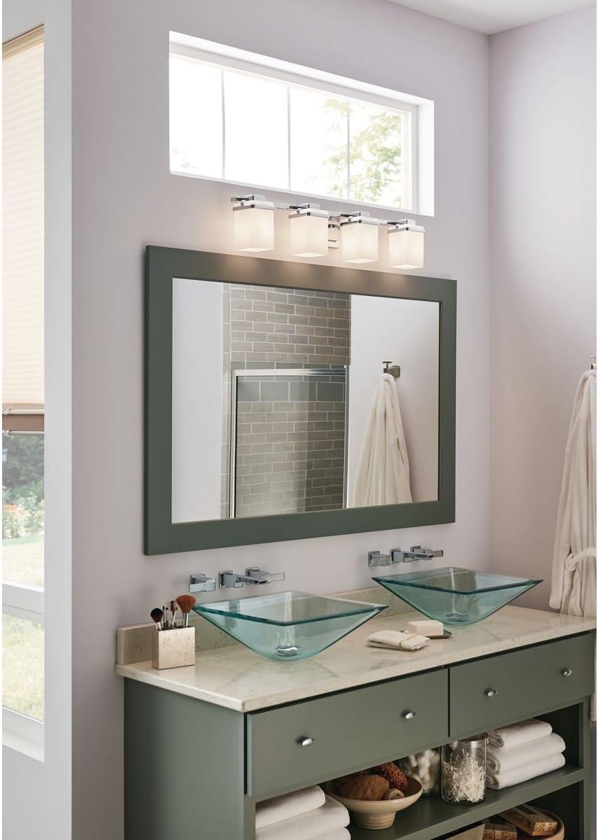 image:imageProgress Lighting 4 Light Bathroom Vanity Light Coastal Style Modern Bath Lighting Fixture with Etched White Glass Shade for Over the Mirror Reversible Mounting Metric Collection Brushed NickelPolished Chrome