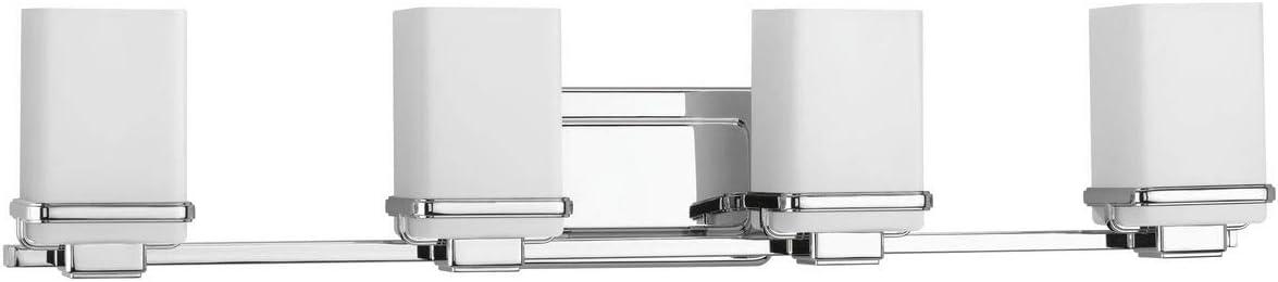 image:imageProgress Lighting 4 Light Bathroom Vanity Light Coastal Style Modern Bath Lighting Fixture with Etched White Glass Shade for Over the Mirror Reversible Mounting Metric Collection Brushed NickelPolished Chrome