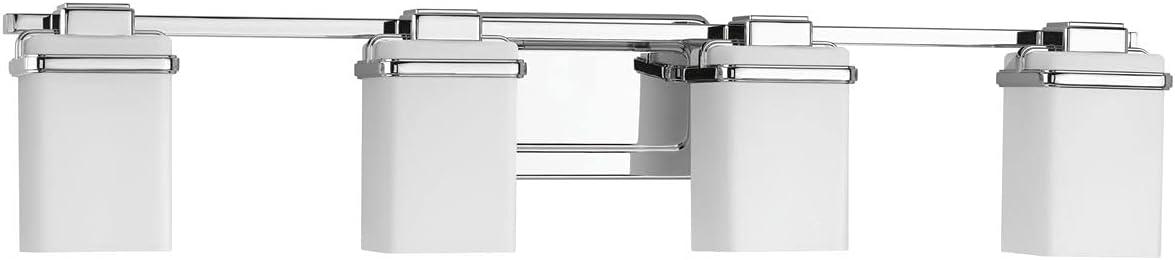 image:imageProgress Lighting 4 Light Bathroom Vanity Light Coastal Style Modern Bath Lighting Fixture with Etched White Glass Shade for Over the Mirror Reversible Mounting Metric Collection Brushed NickelPolished Chrome