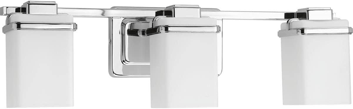 image:imageProgress Lighting 4 Light Bathroom Vanity Light Coastal Style Modern Bath Lighting Fixture with Etched White Glass Shade for Over the Mirror Reversible Mounting Metric Collection Brushed NickelPolished Chrome