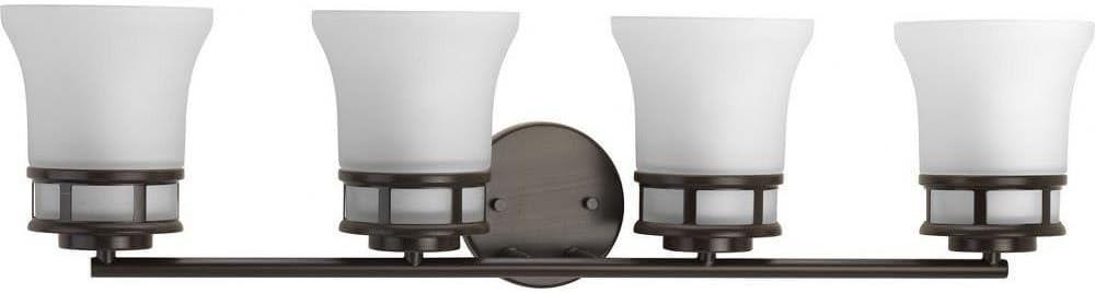 image:imageProgress Lighting 4 Light Bathroom Vanity Light Coastal Style Modern Bath Lighting Fixture with Etched White Glass Shade for Over the Mirror Reversible Mounting Cascadia Collection Antique BronzeAntique Bronze