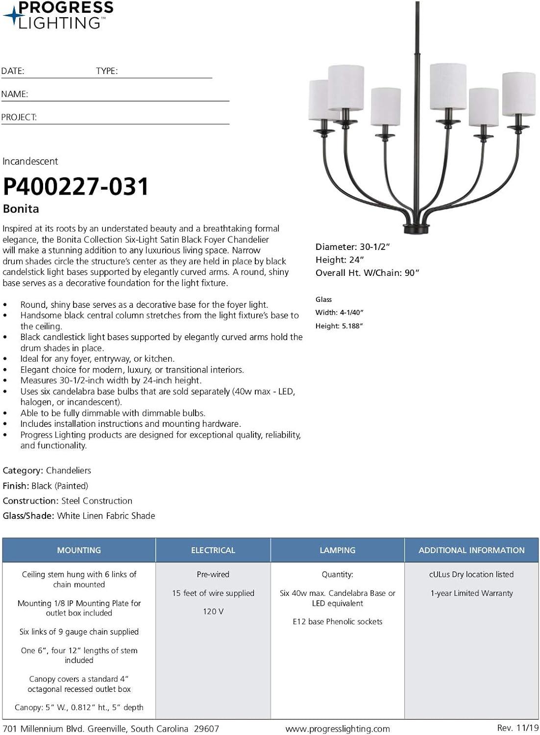 image:imageProgress Lighting Bonita Collection 6Light White Linen Fabric Shade Luxe Chandelier Light Matte Black