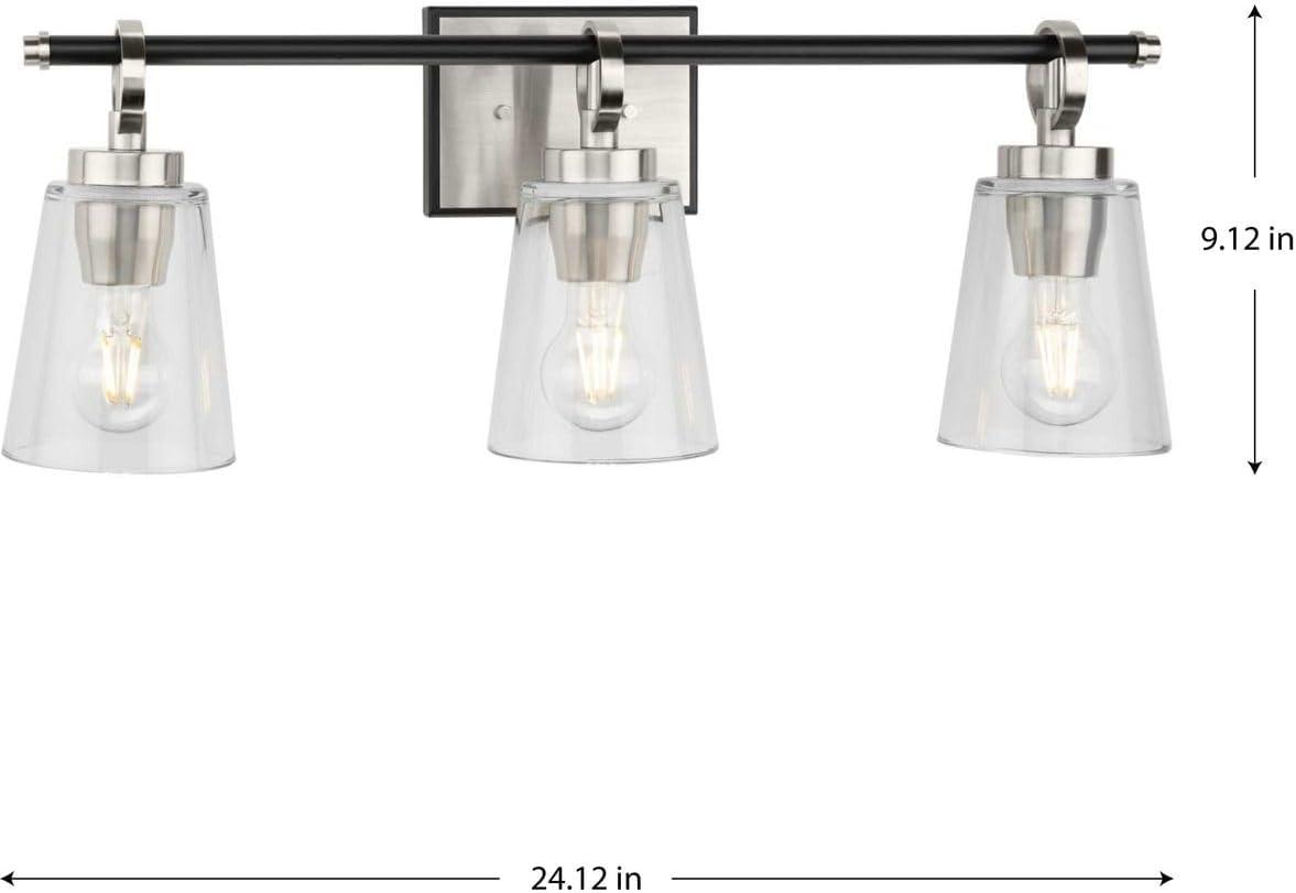 image:imageProgress Lighting Cassell 2412 in 3Light Brushed Nickel and Matte Black Vanity Light with Clear Glass Shades for Bathroom