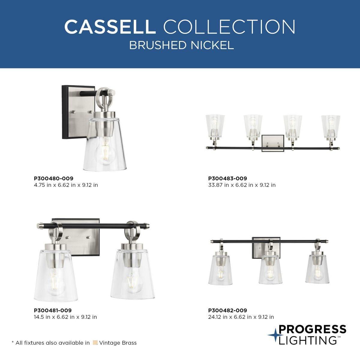 image:imageProgress Lighting Cassell 2412 in 3Light Brushed Nickel and Matte Black Vanity Light with Clear Glass Shades for Bathroom