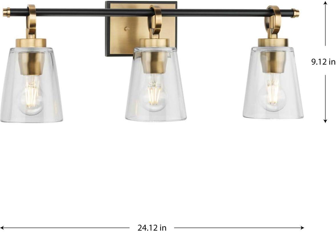 image:imageProgress Lighting Cassell 2412 in 3Light Vintage Brass and Matte Black Vanity Light with Clear Glass Shades for Bathroom