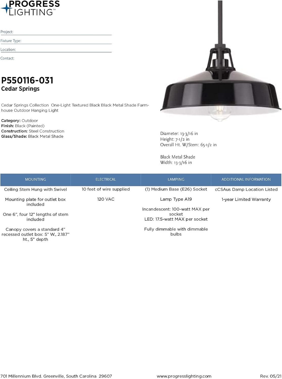 image:imageProgress Lighting Cedar Springs Collection 1Light Black Metal Shade Farmhouse Outdoor Hanging Light Textured BlackBlack