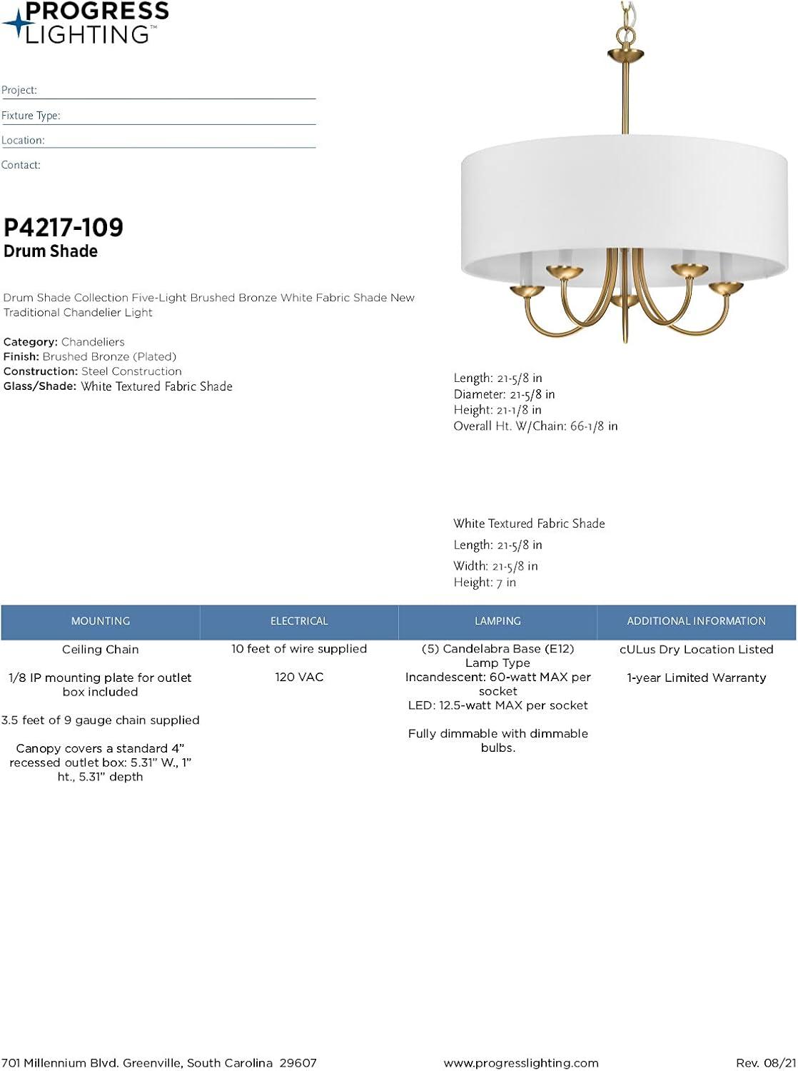 image:imageProgress Lighting Drum Shade Collection FiveLight Chandelier Farmhouse Style Hanging Ceiling Light Fixture for Dining Rooms Foyers White Textured Linen Shade Brushed NickelAntique Bronze