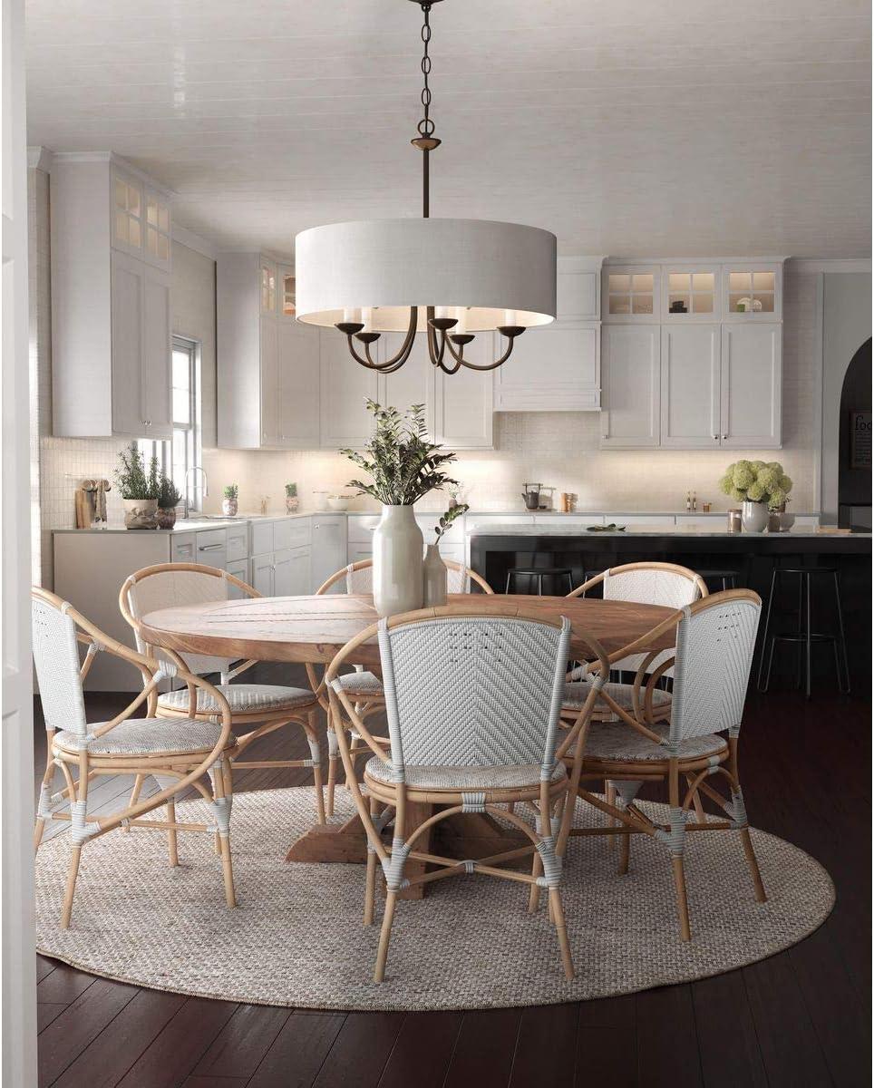 image:imageProgress Lighting Drum Shade Collection FiveLight Chandelier Farmhouse Style Hanging Ceiling Light Fixture for Dining Rooms Foyers White Textured Linen Shade Brushed NickelAntique Bronze