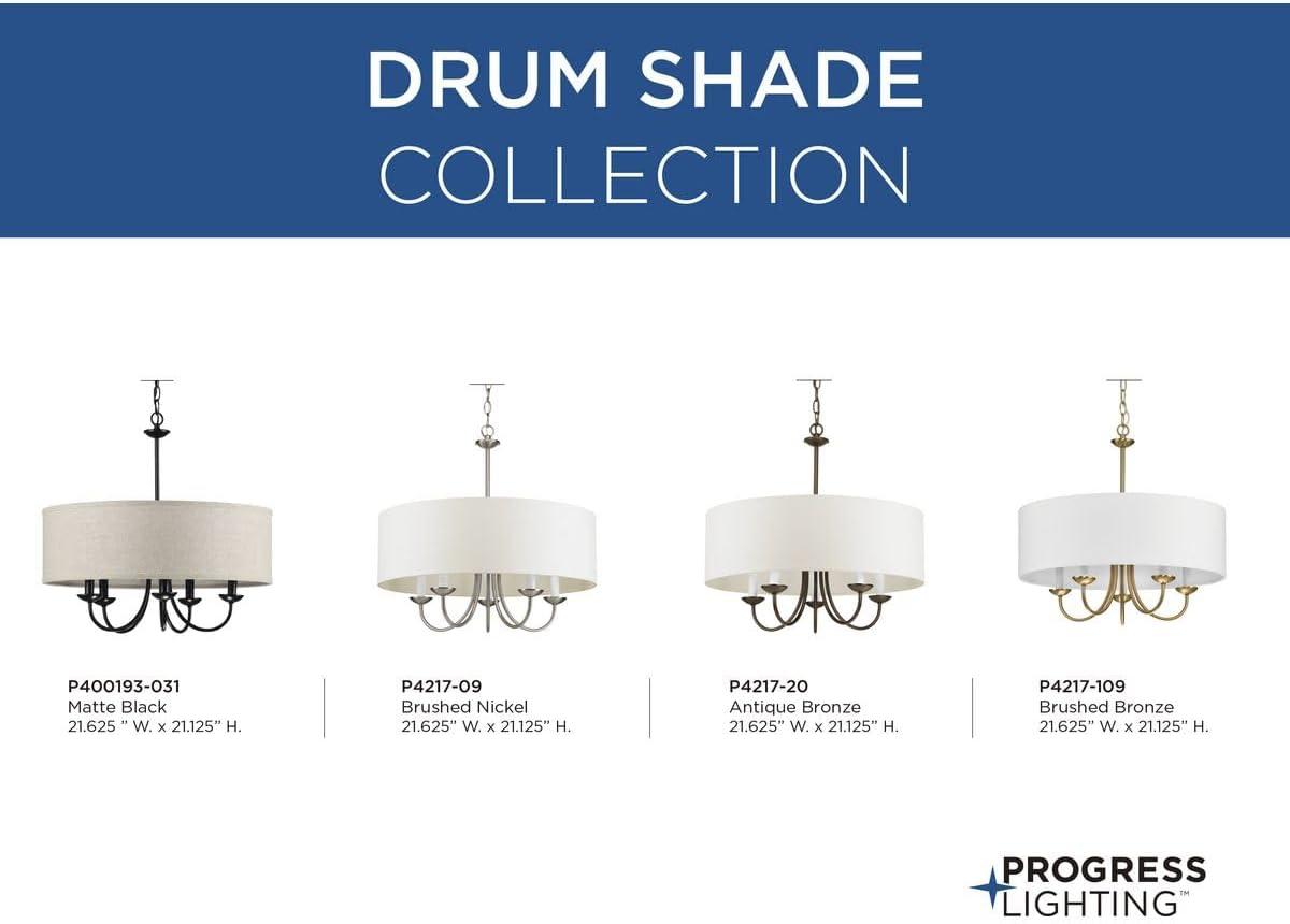 image:imageProgress Lighting Drum Shade Collection FiveLight Chandelier Farmhouse Style Hanging Ceiling Light Fixture for Dining Rooms Foyers White Textured Linen Shade Brushed NickelBlack