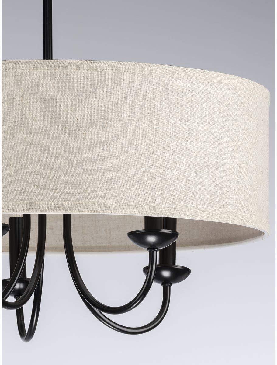 image:imageProgress Lighting Drum Shade Collection FiveLight Chandelier Farmhouse Style Hanging Ceiling Light Fixture for Dining Rooms Foyers White Textured Linen Shade Brushed NickelBlack