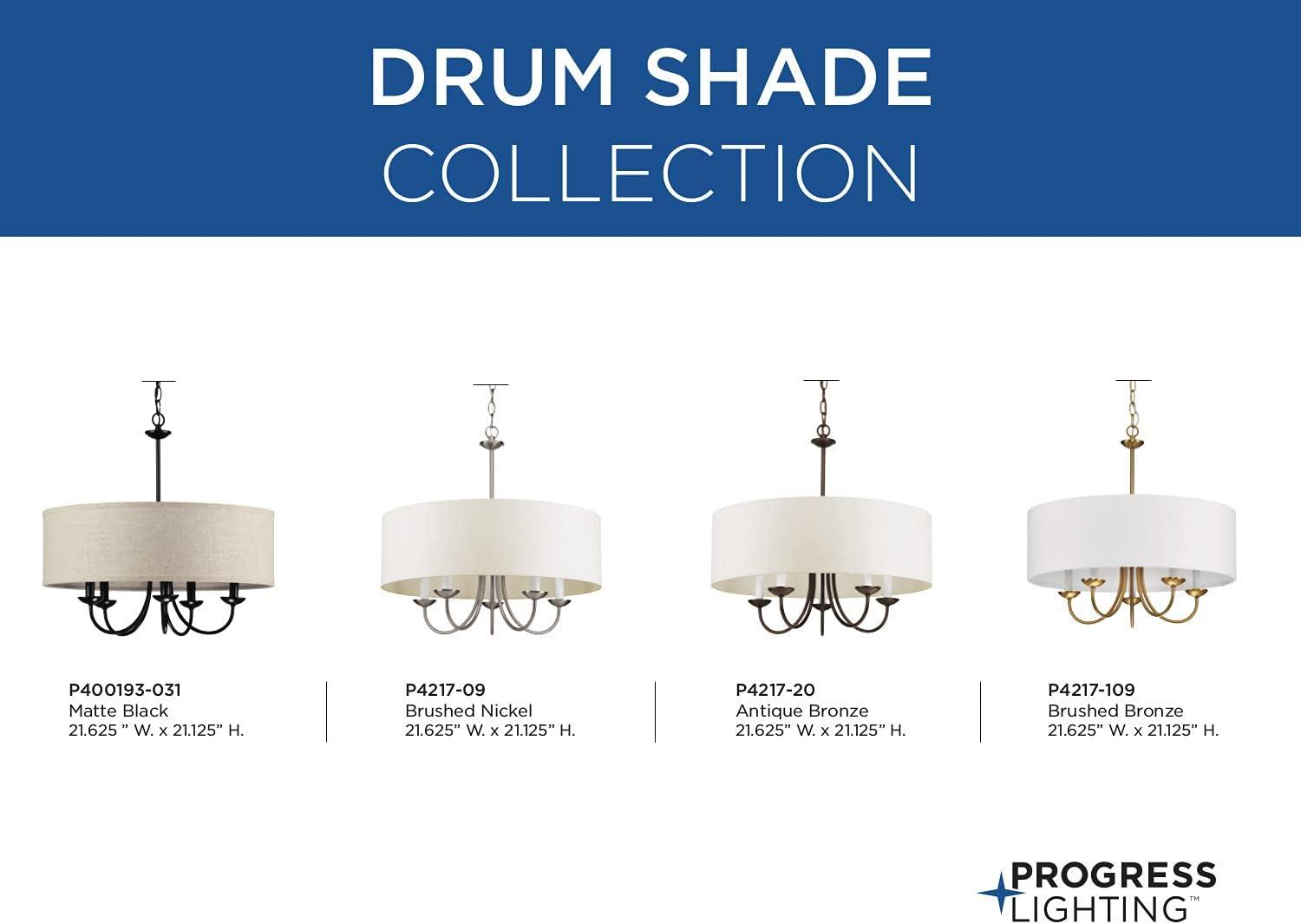 image:imageProgress Lighting Drum Shade Collection FiveLight Chandelier Farmhouse Style Hanging Ceiling Light Fixture for Dining Rooms Foyers White Textured Linen Shade Brushed NickelAntique Bronze