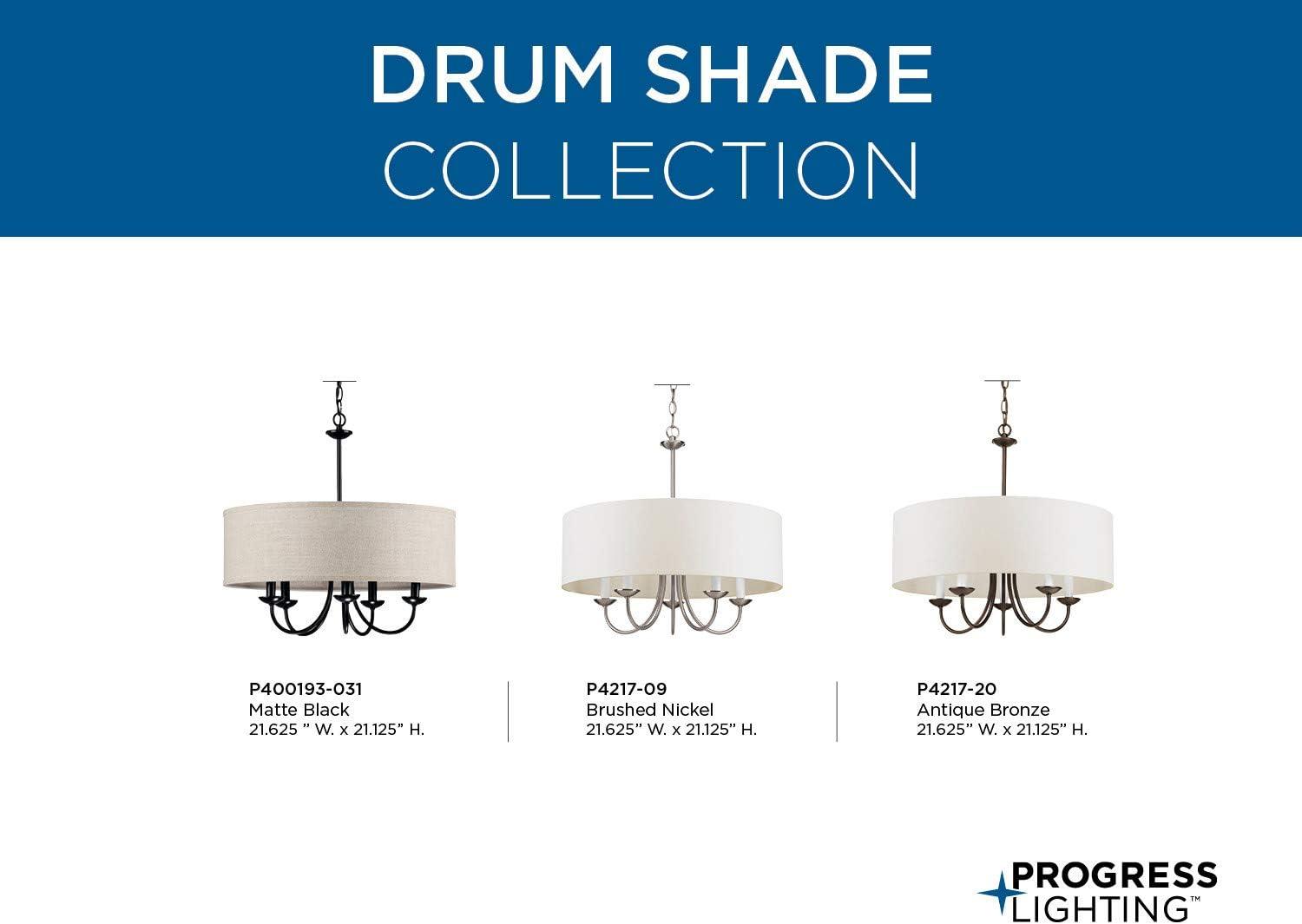image:imageProgress Lighting Drum Shade Collection FiveLight Chandelier Farmhouse Style Hanging Ceiling Light Fixture for Dining Rooms Foyers White Textured Linen Shade Brushed NickelAntique Bronze