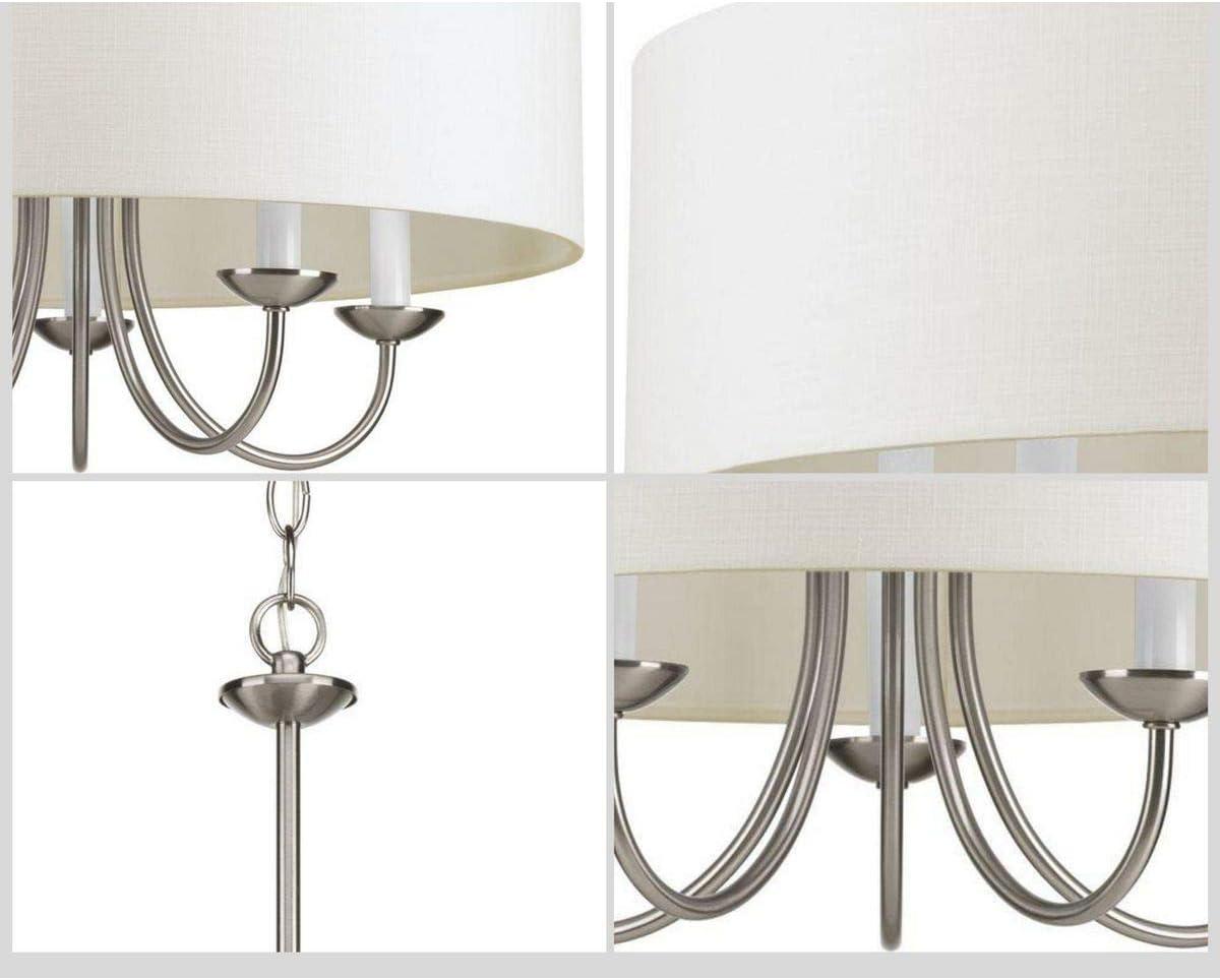 image:imageProgress Lighting Drum Shade Collection FiveLight Chandelier Farmhouse Style Hanging Ceiling Light Fixture for Dining Rooms Foyers White Textured Linen Shade Brushed NickelBrushed Nickel