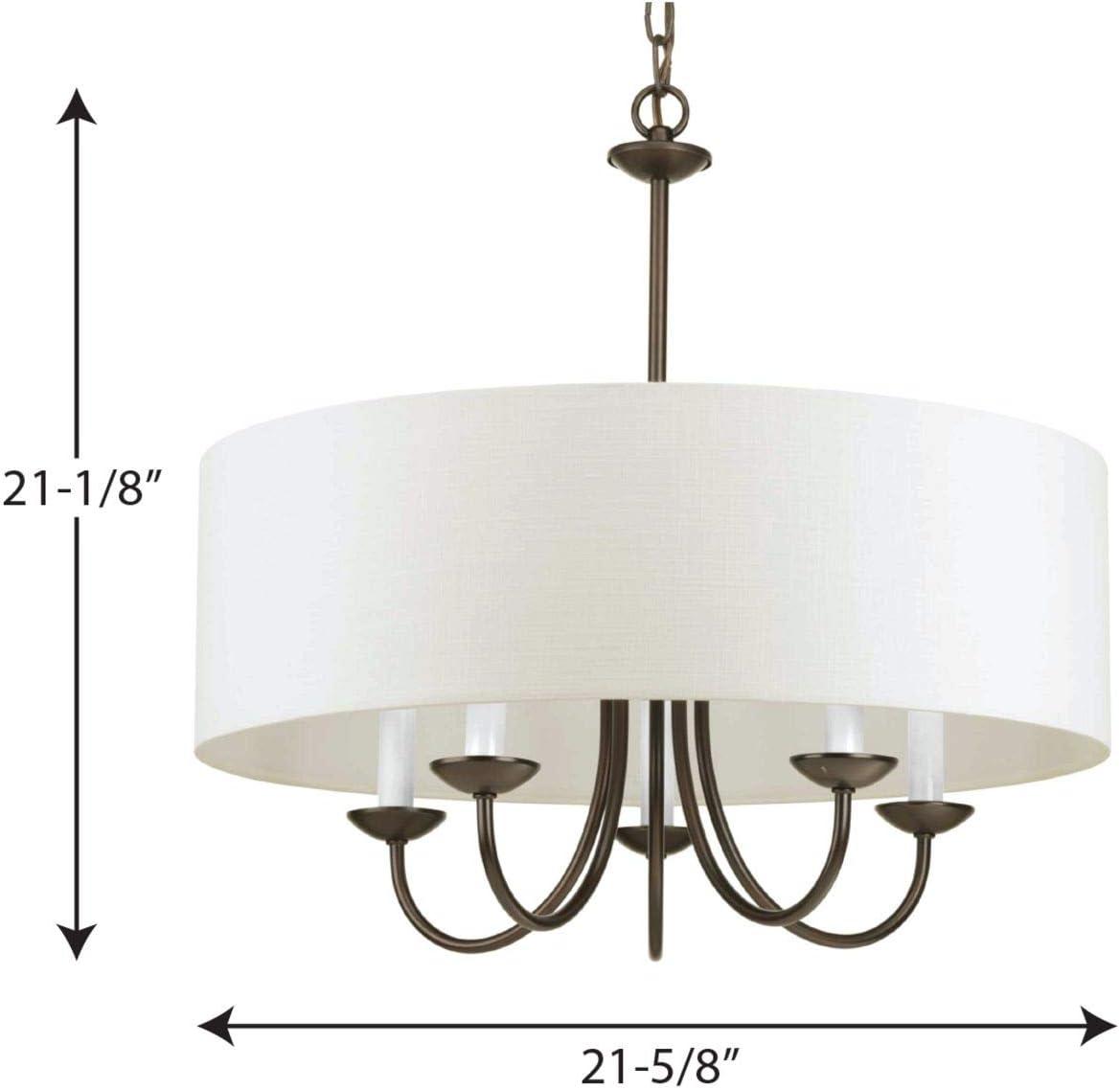 image:imageProgress Lighting Drum Shade Collection FiveLight Chandelier Farmhouse Style Hanging Ceiling Light Fixture for Dining Rooms Foyers White Textured Linen Shade Brushed NickelAntique Bronze