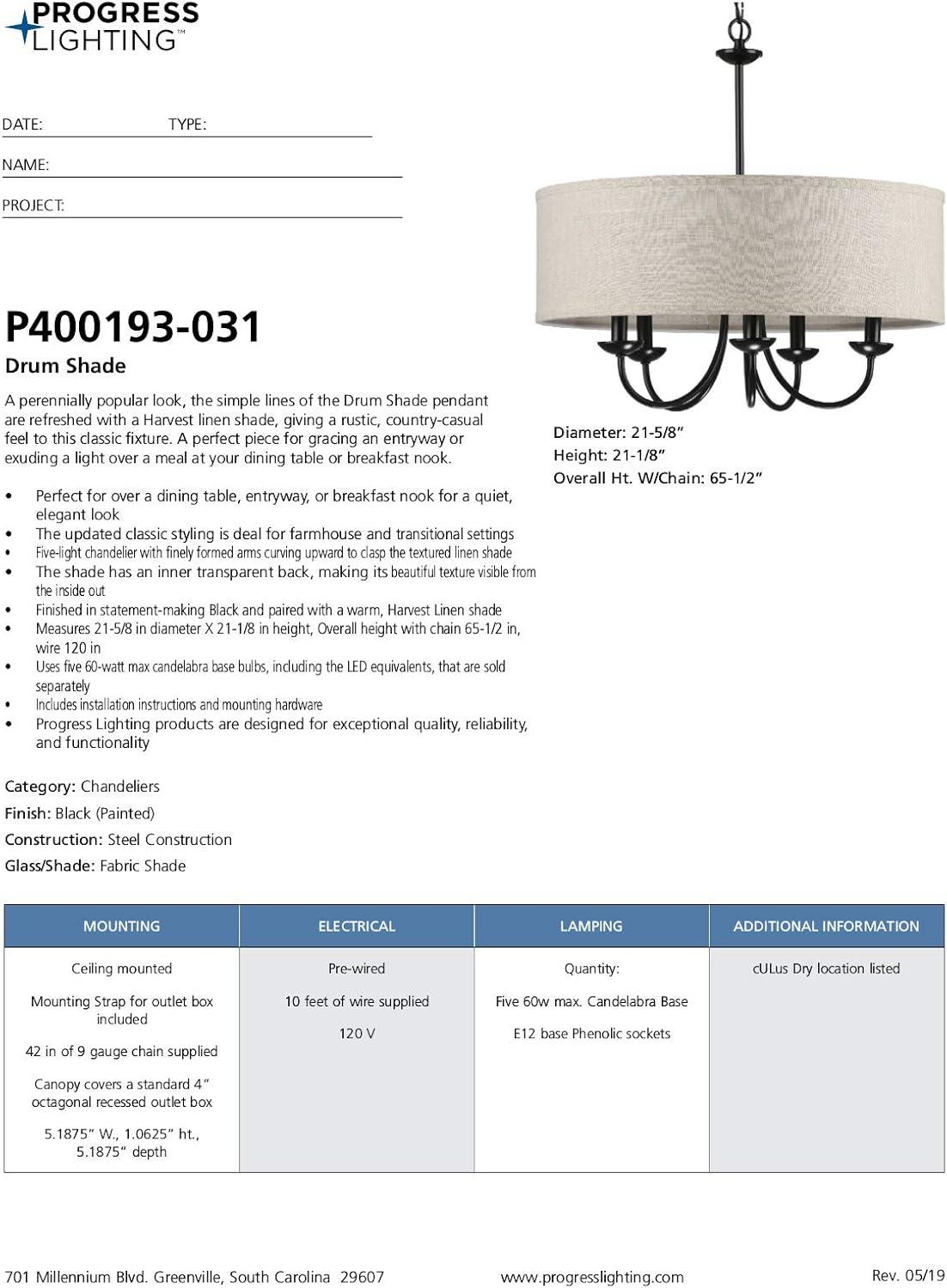 image:imageProgress Lighting Drum Shade Collection FiveLight Chandelier Farmhouse Style Hanging Ceiling Light Fixture for Dining Rooms Foyers White Textured Linen Shade Brushed NickelBlack