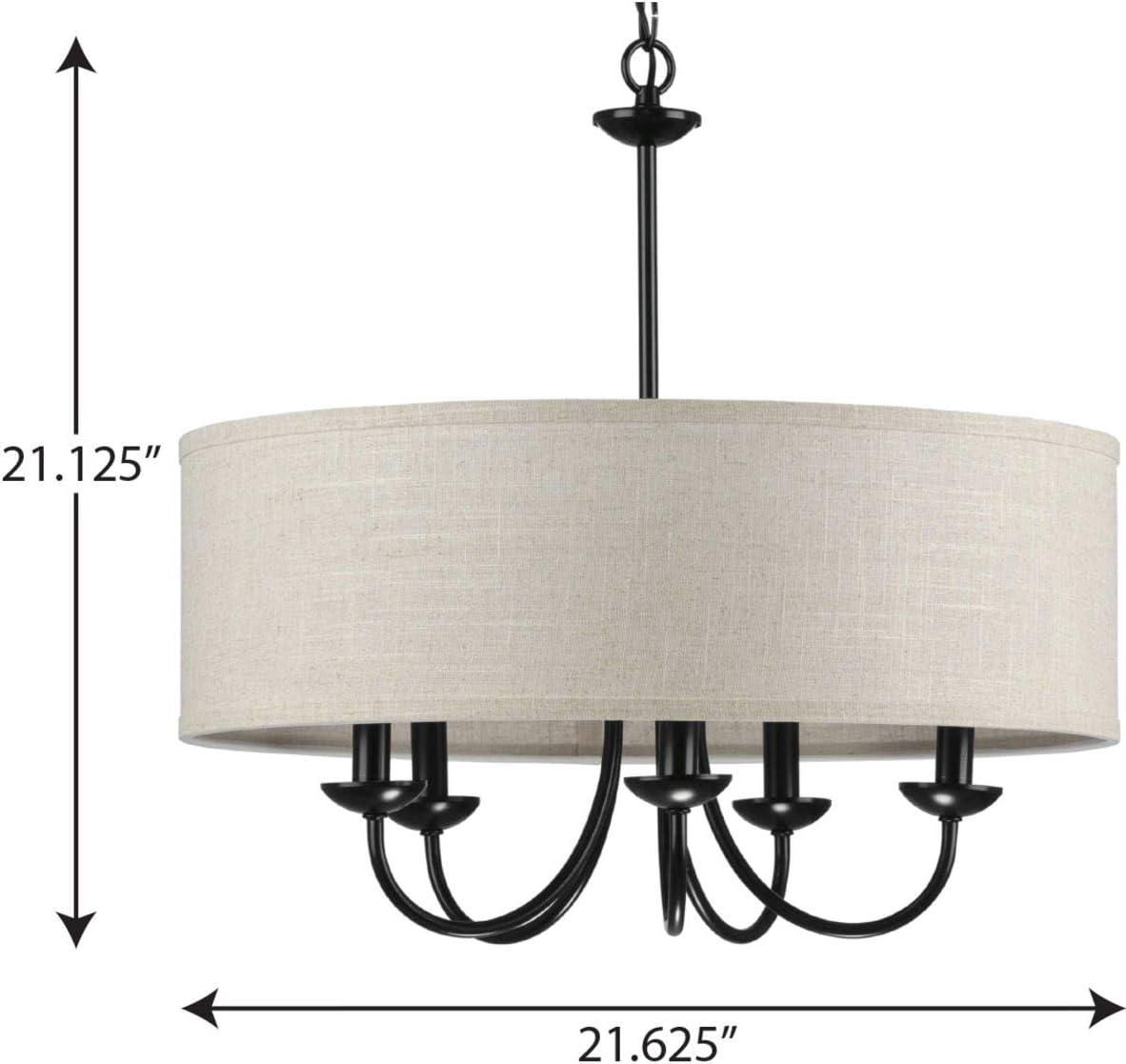 image:imageProgress Lighting Drum Shade Collection FiveLight Chandelier Farmhouse Style Hanging Ceiling Light Fixture for Dining Rooms Foyers White Textured Linen Shade Brushed NickelBlack