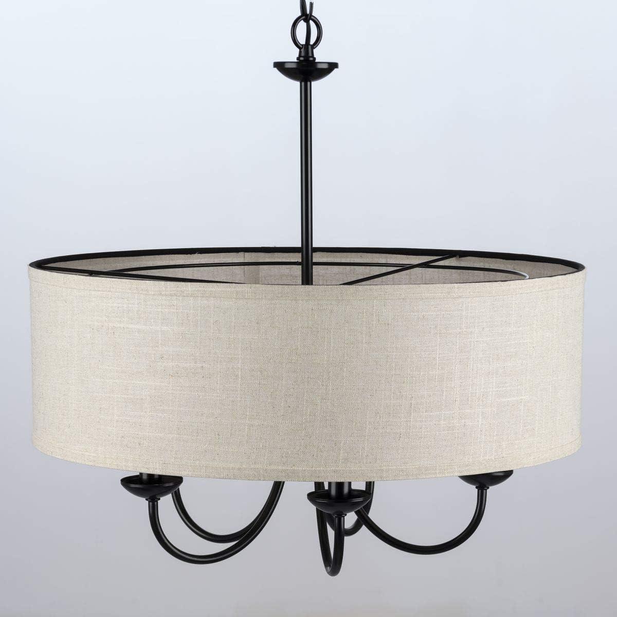 image:imageProgress Lighting Drum Shade Collection FiveLight Chandelier Farmhouse Style Hanging Ceiling Light Fixture for Dining Rooms Foyers White Textured Linen Shade Brushed NickelBlack