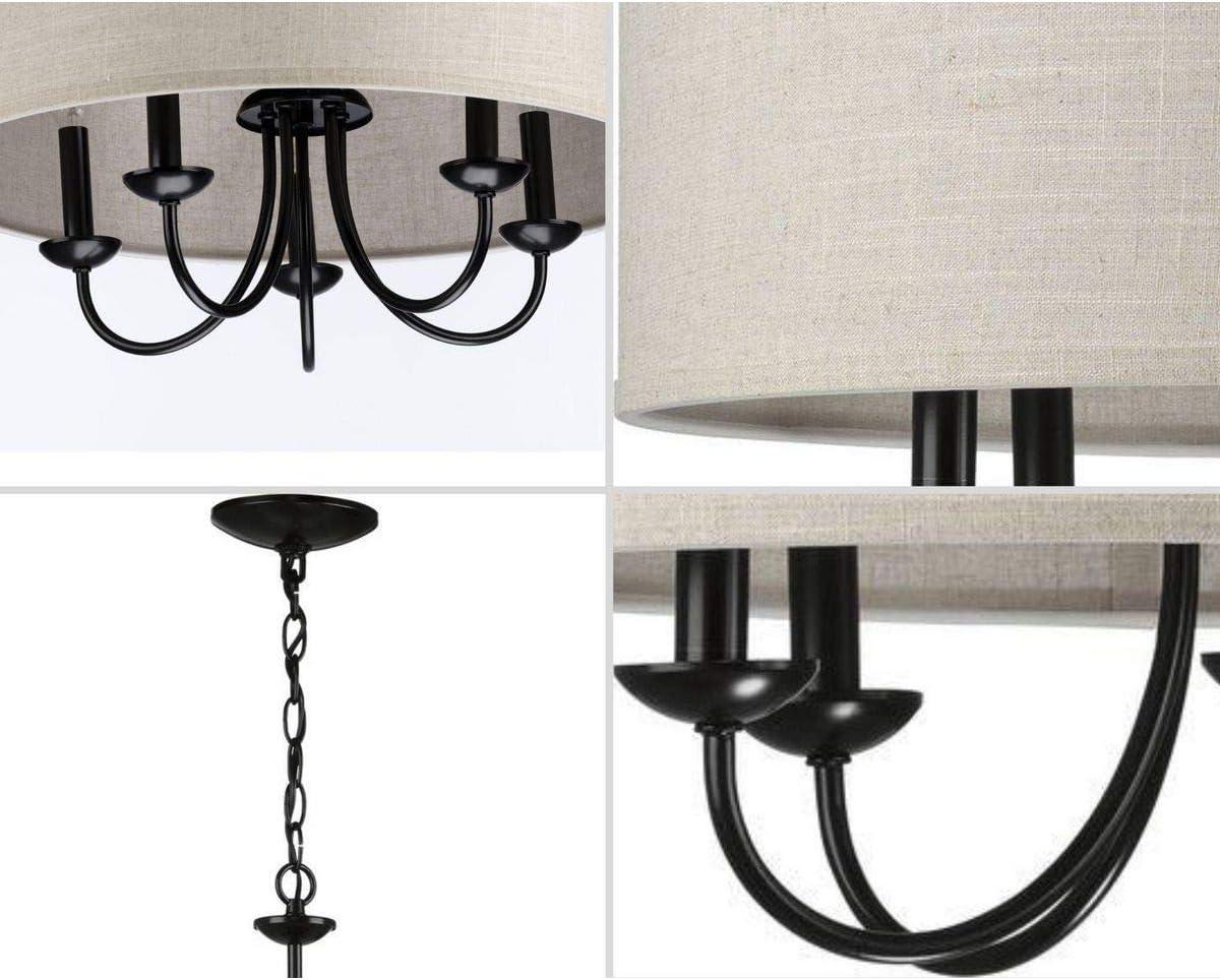 image:imageProgress Lighting Drum Shade Collection FiveLight Chandelier Farmhouse Style Hanging Ceiling Light Fixture for Dining Rooms Foyers White Textured Linen Shade Brushed NickelBlack