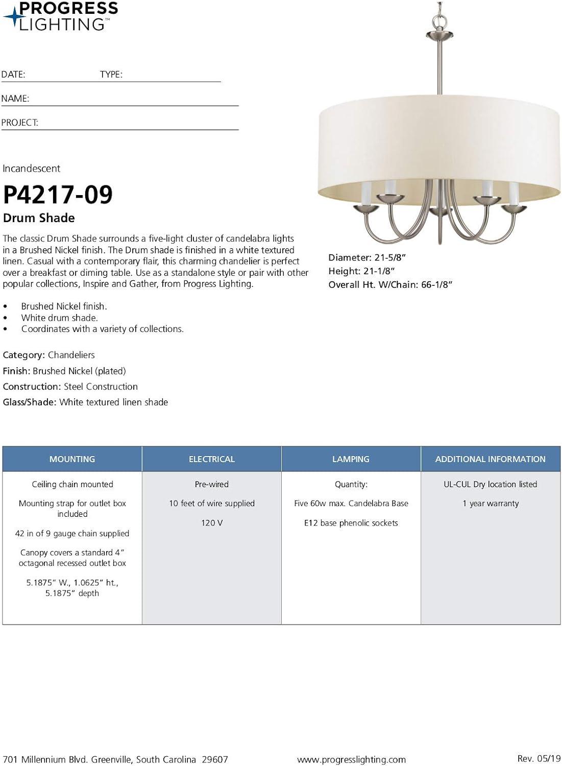 image:imageProgress Lighting Drum Shade Collection FiveLight Chandelier Farmhouse Style Hanging Ceiling Light Fixture for Dining Rooms Foyers White Textured Linen Shade Brushed NickelBrushed Nickel
