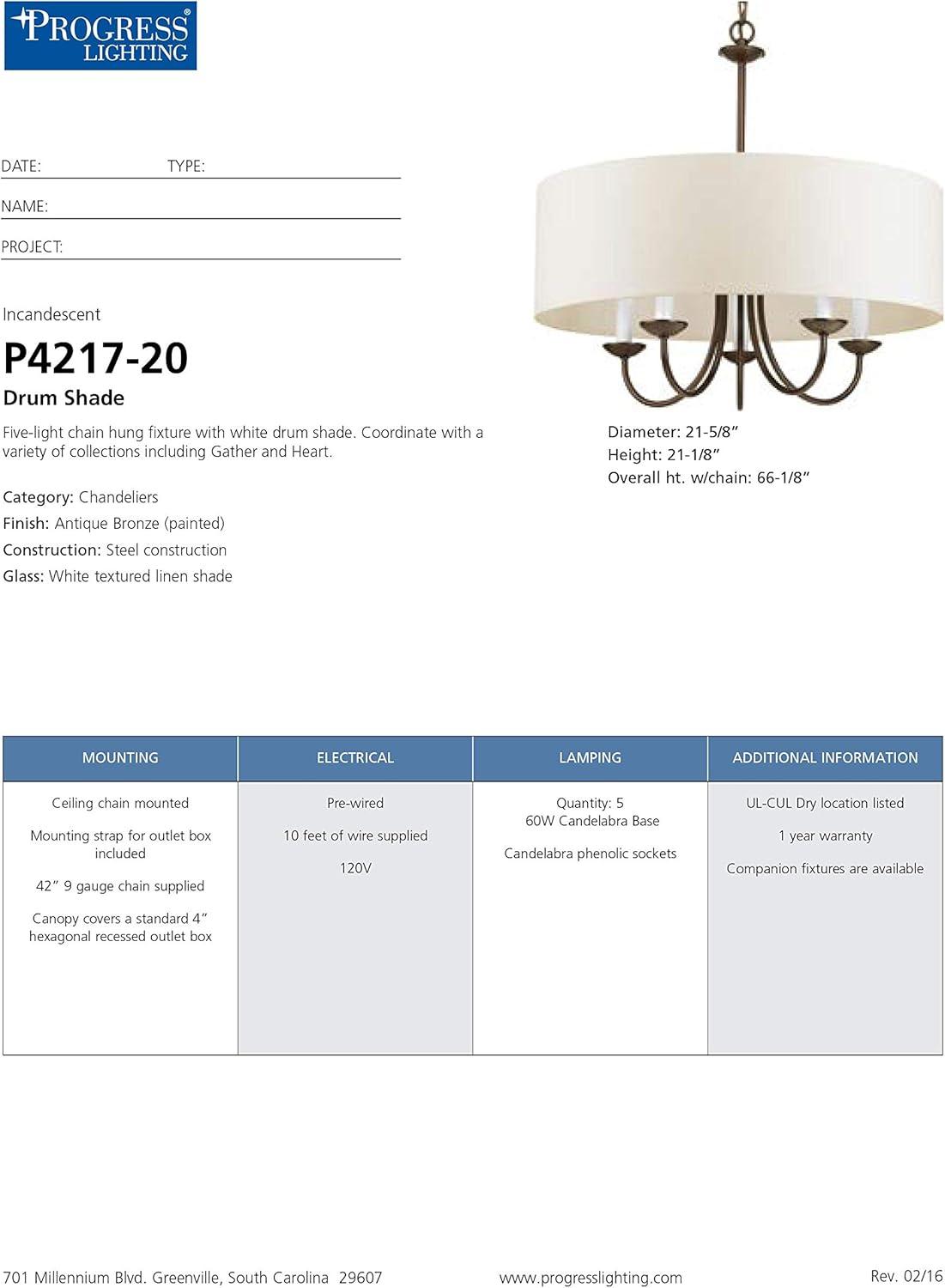 image:imageProgress Lighting Drum Shade Collection FiveLight Chandelier Farmhouse Style Hanging Ceiling Light Fixture for Dining Rooms Foyers White Textured Linen Shade Brushed NickelAntique Bronze