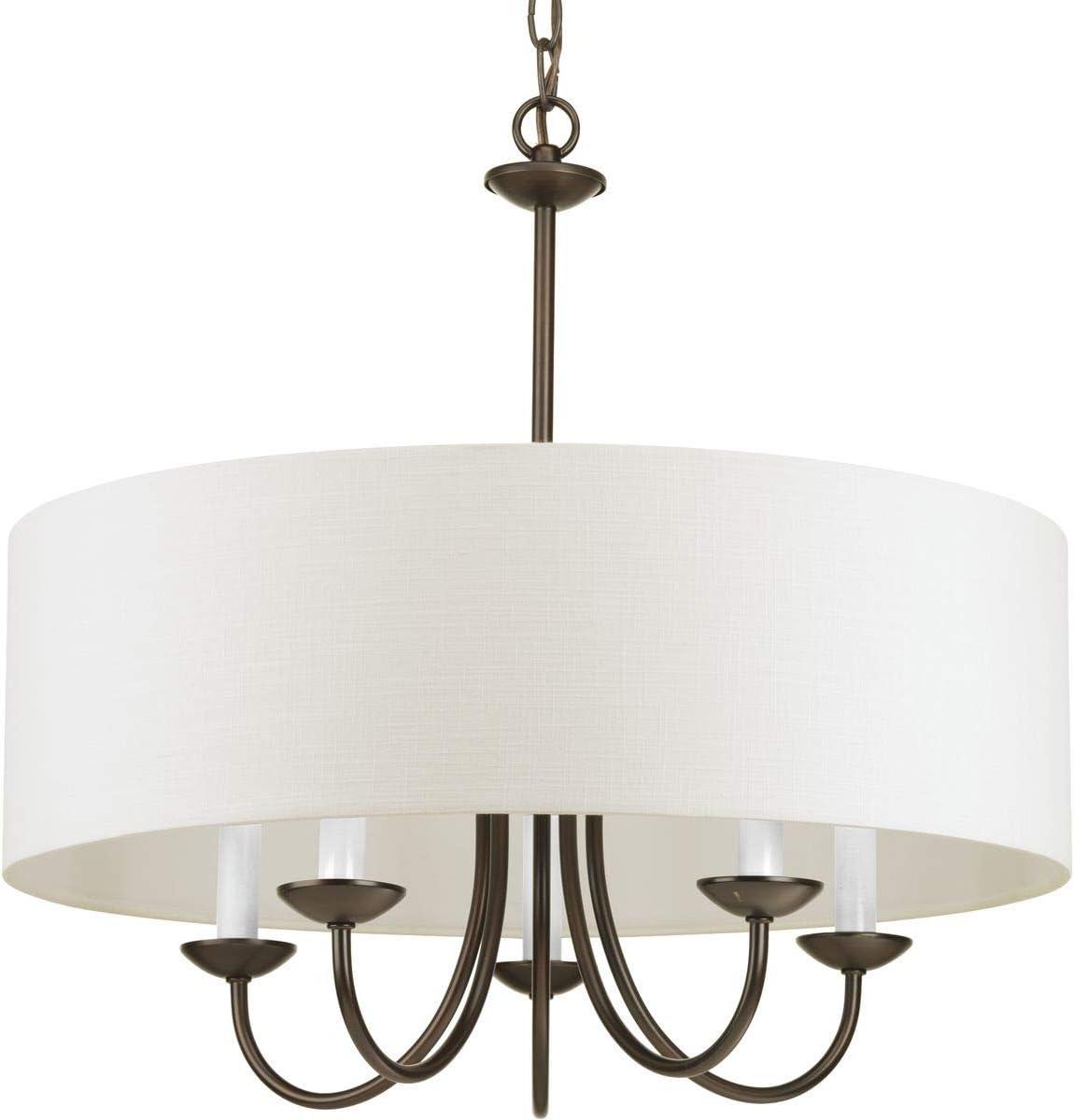 image:imageProgress Lighting Drum Shade Collection FiveLight Chandelier Farmhouse Style Hanging Ceiling Light Fixture for Dining Rooms Foyers White Textured Linen Shade Brushed NickelAntique Bronze