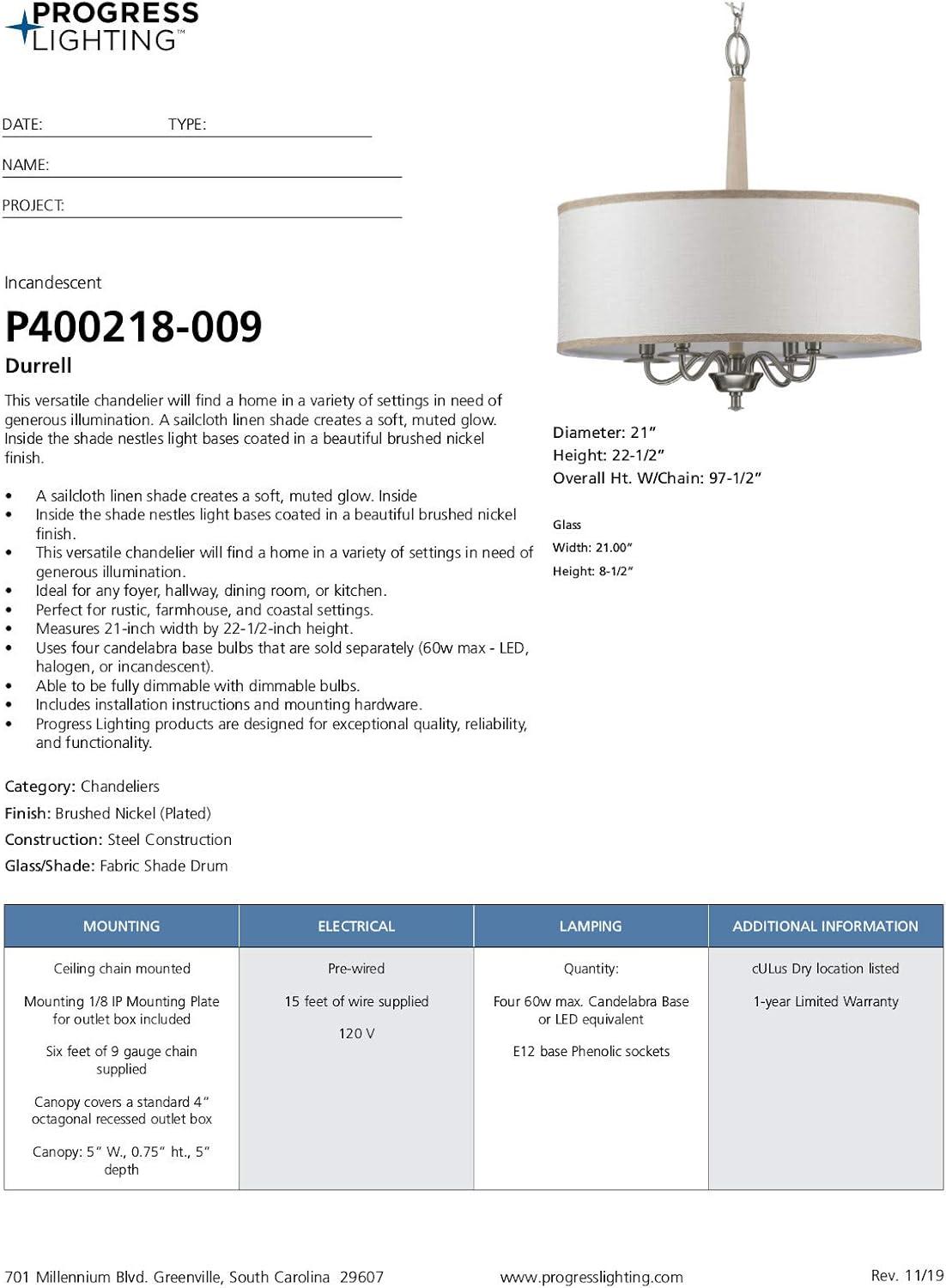 image:imageProgress Lighting Durrell Collection 4Light Sailcloth Linen Fabric Shade Coastal Chandelier Light Brushed Nickel 2250x2100x2100